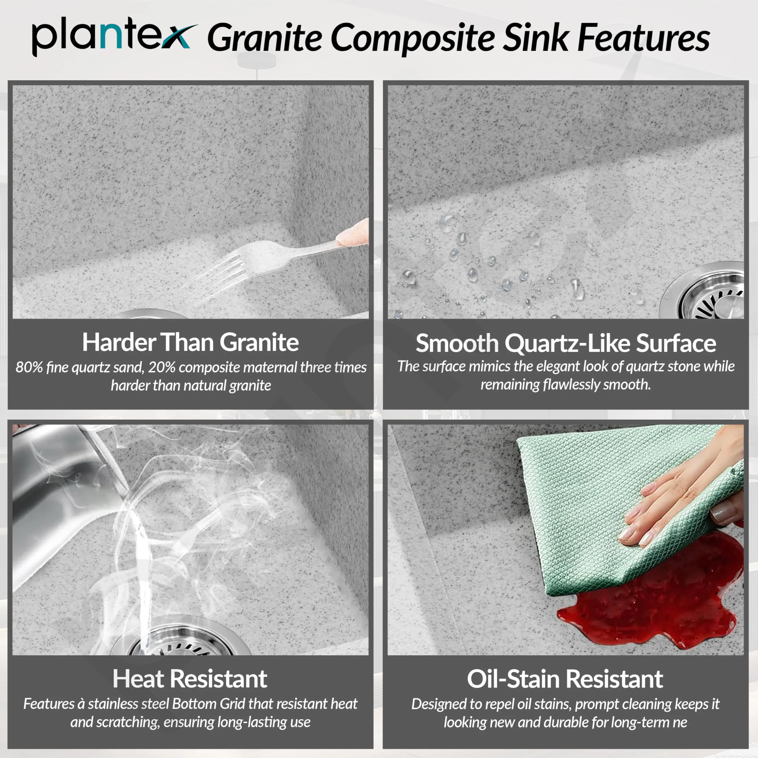 Plantex UV Protected Kitchen Sink/Quartz Sink for Kitchen/Double Bowl with Coupling and Hose Pipe (Mosaic Grey - 31x18inch) - Image 3