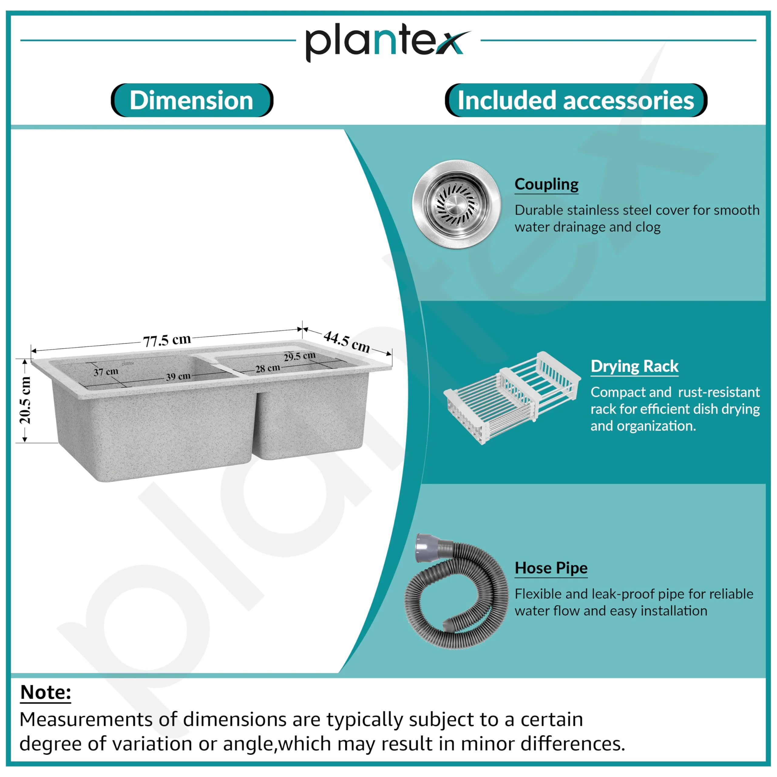 Plantex UV Protected Kitchen Sink/Quartz Sink for Kitchen/Double Bowl with Coupling and Hose Pipe (Mosaic Grey - 31x18inch) - Image 5