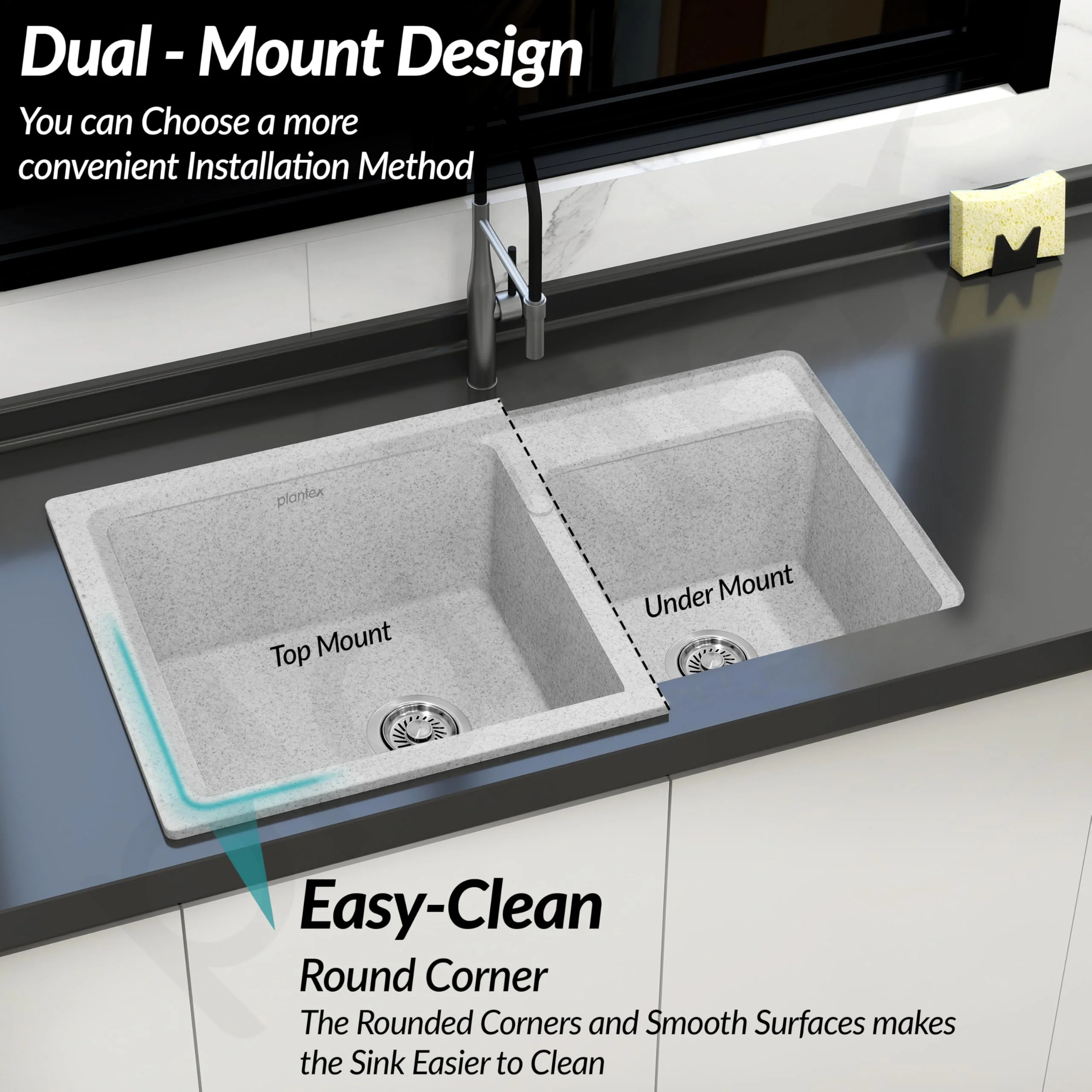 Plantex UV Protected Kitchen Sink/Quartz Sink for Kitchen/Double Bowl with Coupling and Hose Pipe (Mosaic Grey - 31x18inch) - Image 6