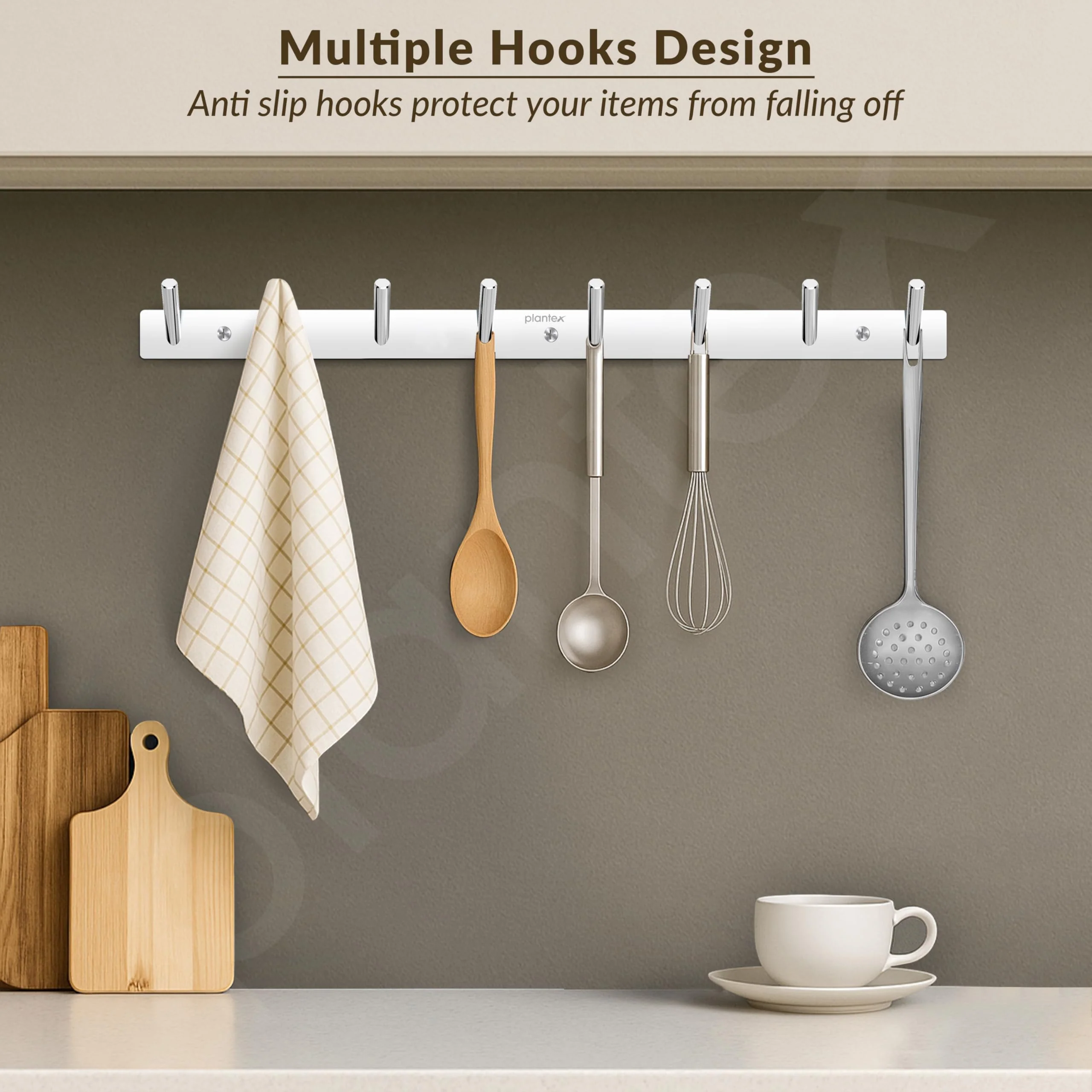 Plantex Wall Hooks for Hanging Cloth/Stainless Steel Towel Hangers/Bathroom Robe Hooks/Door Hangers/Round Wall Hook/Hook Rail for Hanging Keys - 8 Hooks (Pack of 1, Chrome) - Image 2