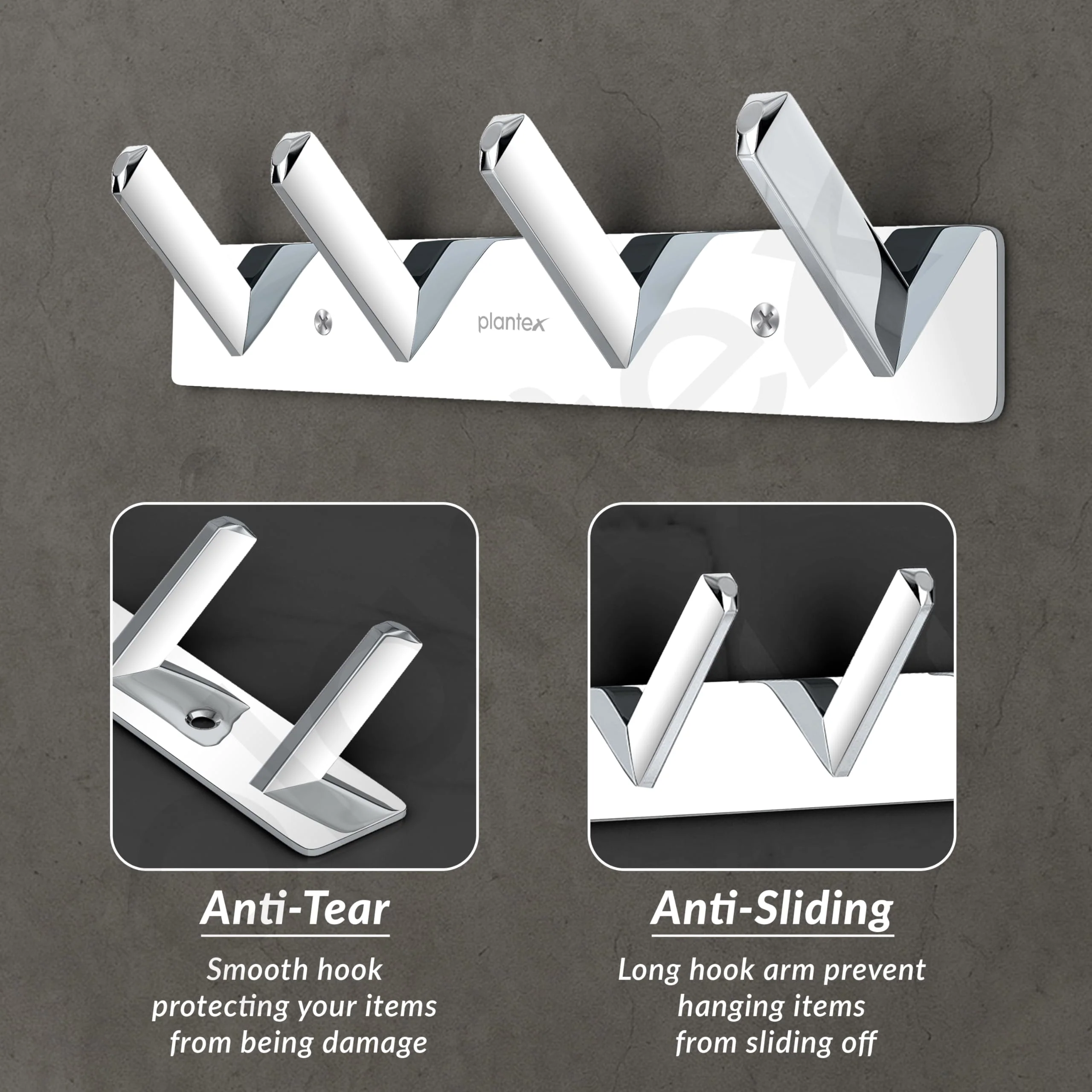 Plantex Wall Hooks for Hanging Cloth/Stainless Steel Towel Hangers/Bathroom Robe Hooks/Door Hangers/Square Wall Hook/Hook Rail for Hanging Keys - 4 Hooks (Pack of 1, Chrome) - Image 5