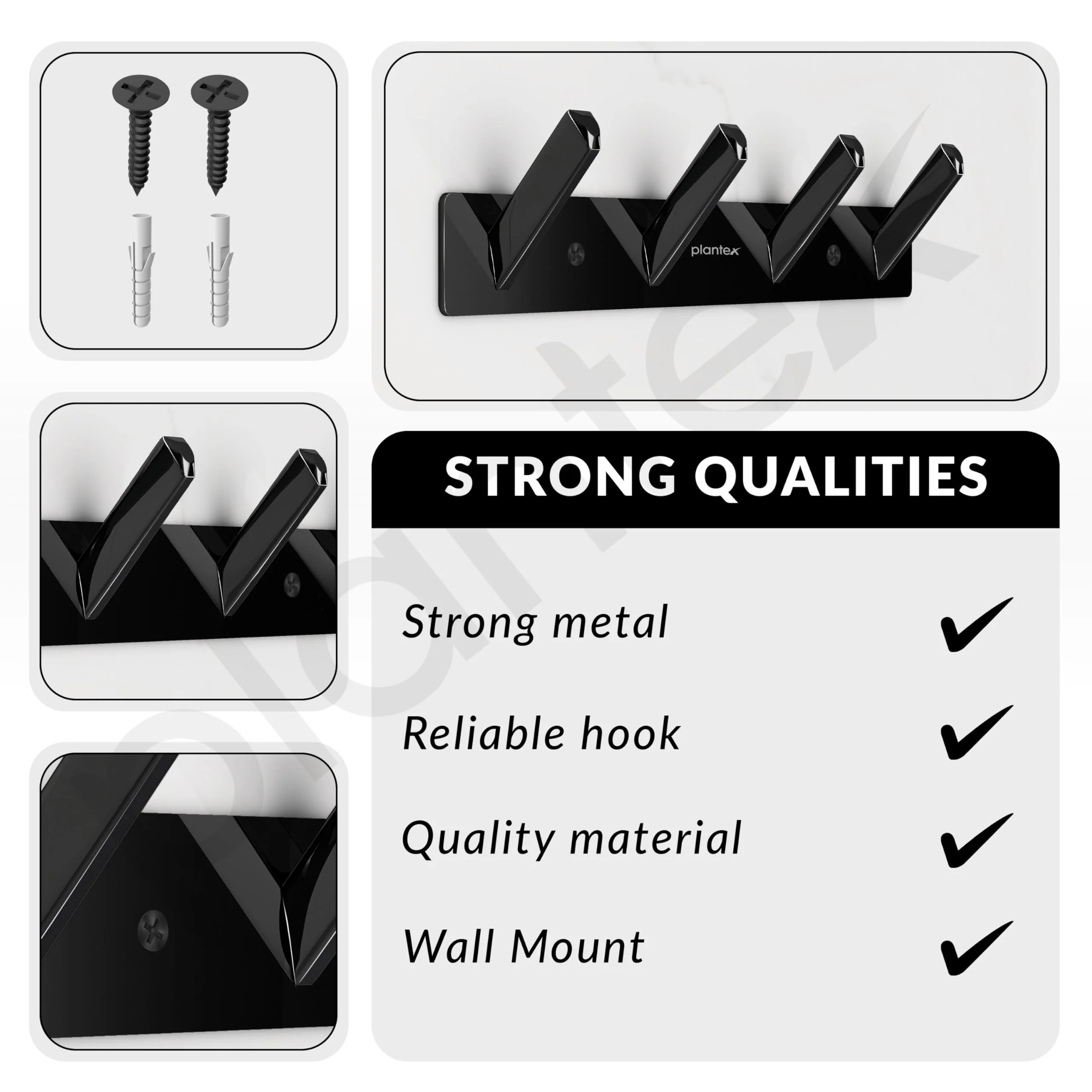 Plantex Wall Hooks for Hanging Cloth/Stainless Steel Towel Hangers/Bathroom Robe Hooks/Door Hangers/Square Wall Hook/Hook Rail for Hanging Keys - 4 Hooks (Pack of 1, PVD Black) - Image 6