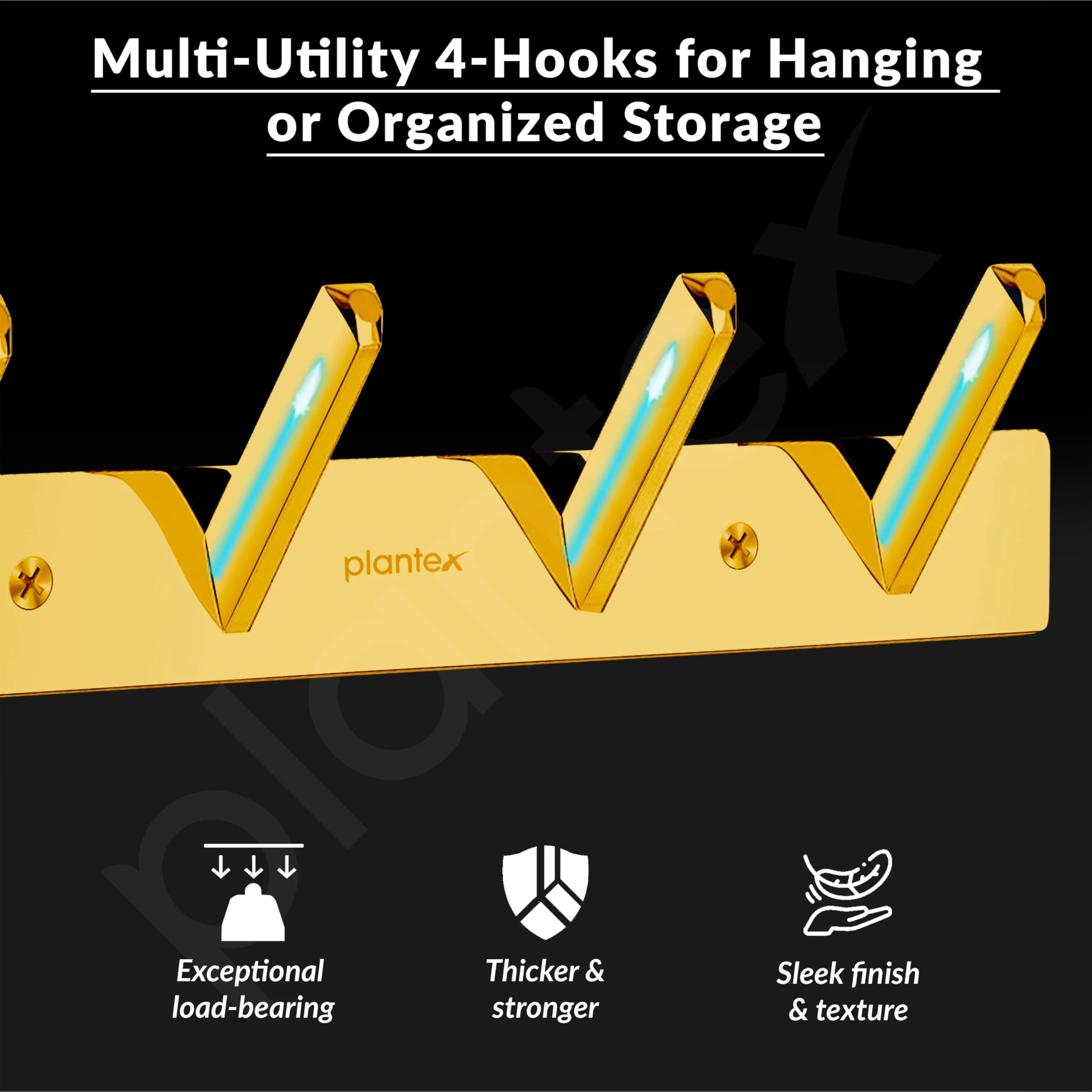 Plantex Wall Hooks for Hanging Cloth/Stainless Steel Towel Hangers/Bathroom Robe Hooks/Door Hangers/Square Wall Hook/Hook Rail for Hanging Keys - 4 Hooks (Pack of 1, PVD Gold) - Image 4