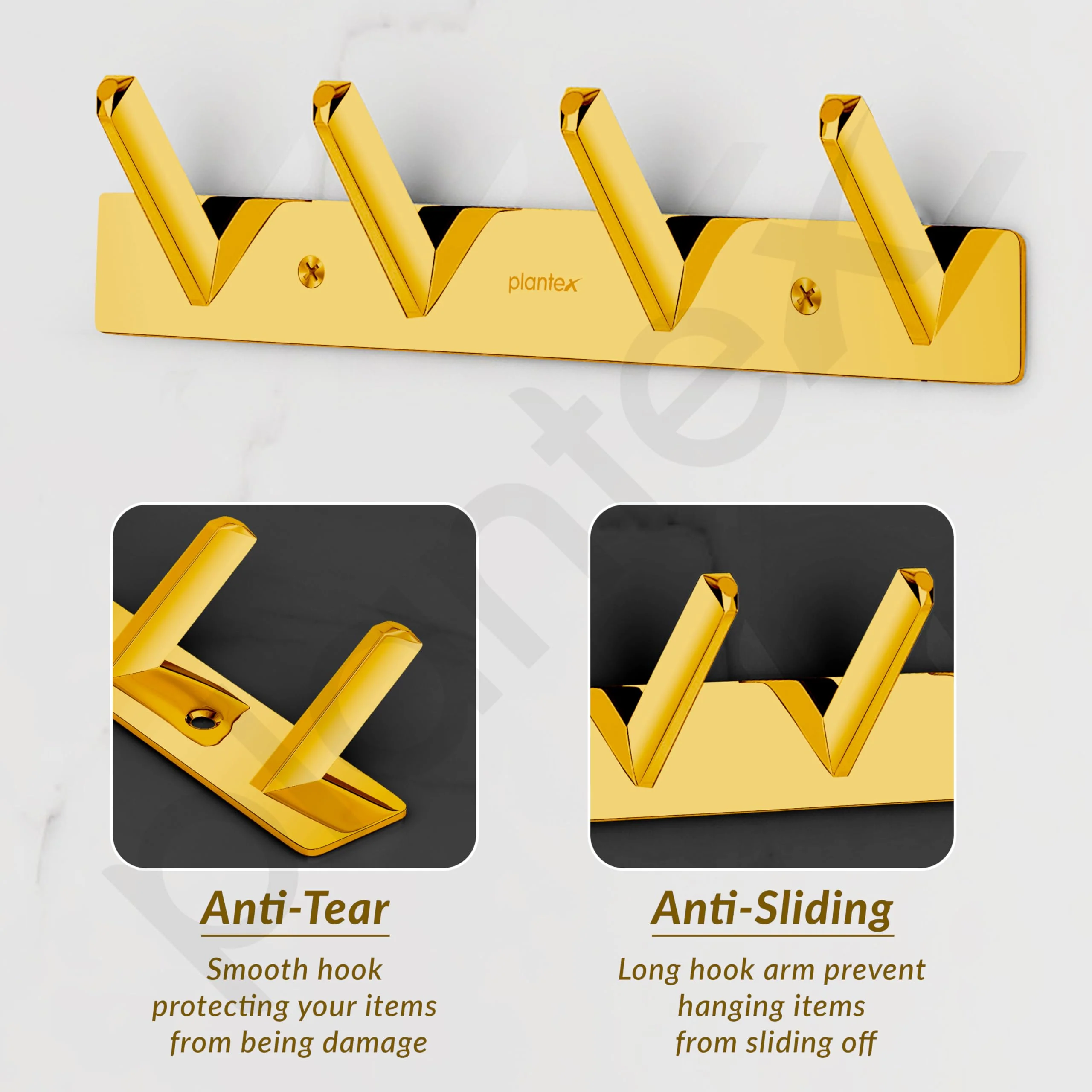 Plantex Wall Hooks for Hanging Cloth/Stainless Steel Towel Hangers/Bathroom Robe Hooks/Door Hangers/Square Wall Hook/Hook Rail for Hanging Keys - 4 Hooks (Pack of 1, PVD Gold) - Image 5