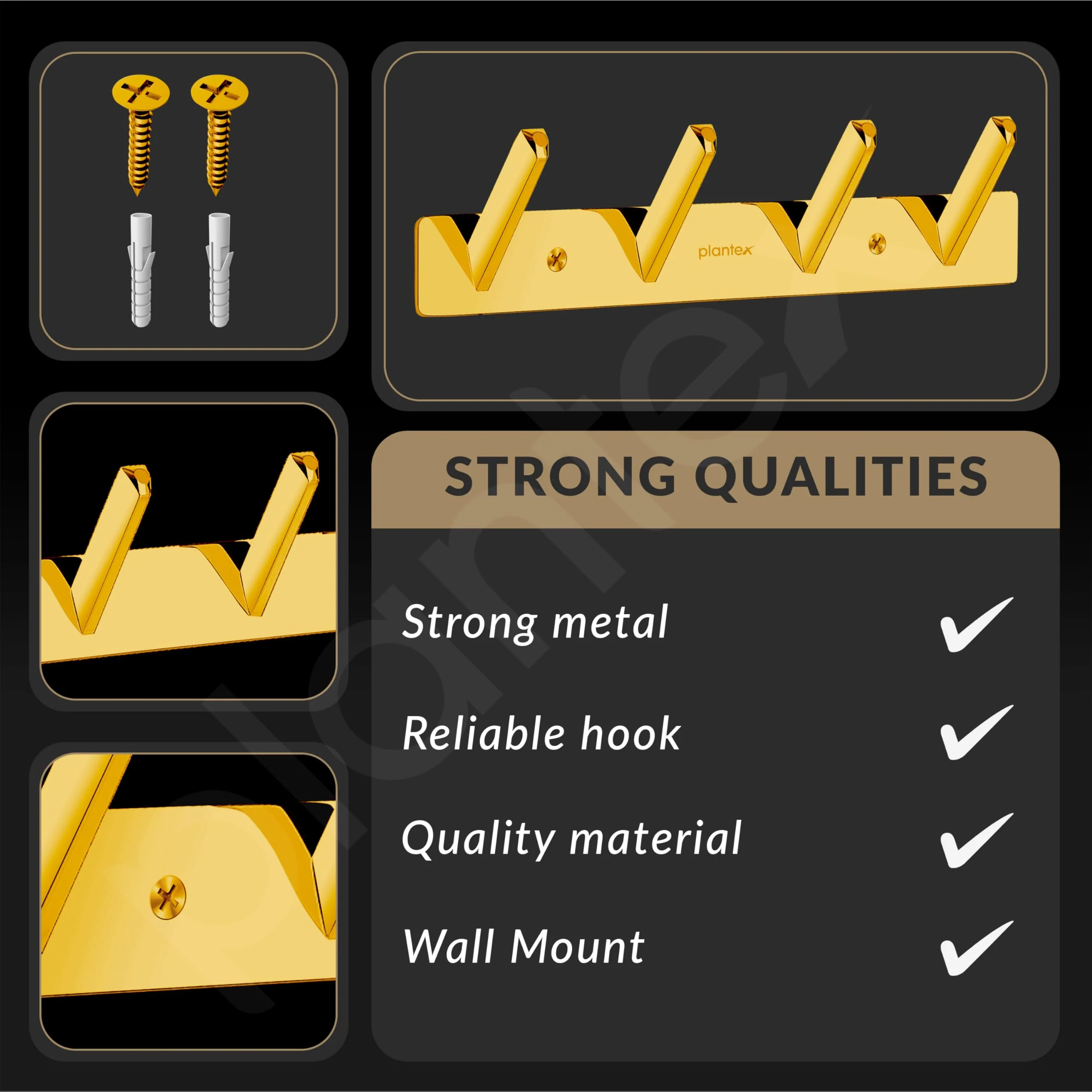 Plantex Wall Hooks for Hanging Cloth/Stainless Steel Towel Hangers/Bathroom Robe Hooks/Door Hangers/Square Wall Hook/Hook Rail for Hanging Keys - 4 Hooks (Pack of 1, PVD Gold) - Image 6