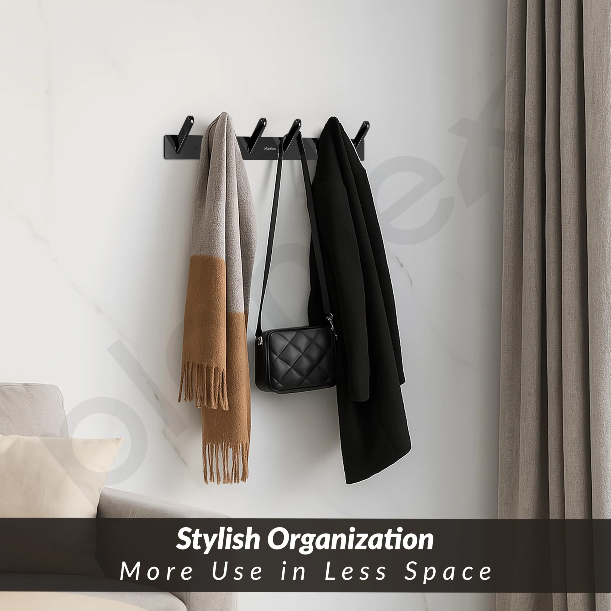 Plantex Wall Hooks for Hanging Cloth/Stainless Steel Towel Hangers/Bathroom Robe Hooks/Door Hangers/Square Wall Hook/Hook Rail for Hanging Keys - 6 Hooks (Pack of 1, PVD Black) - Image 3
