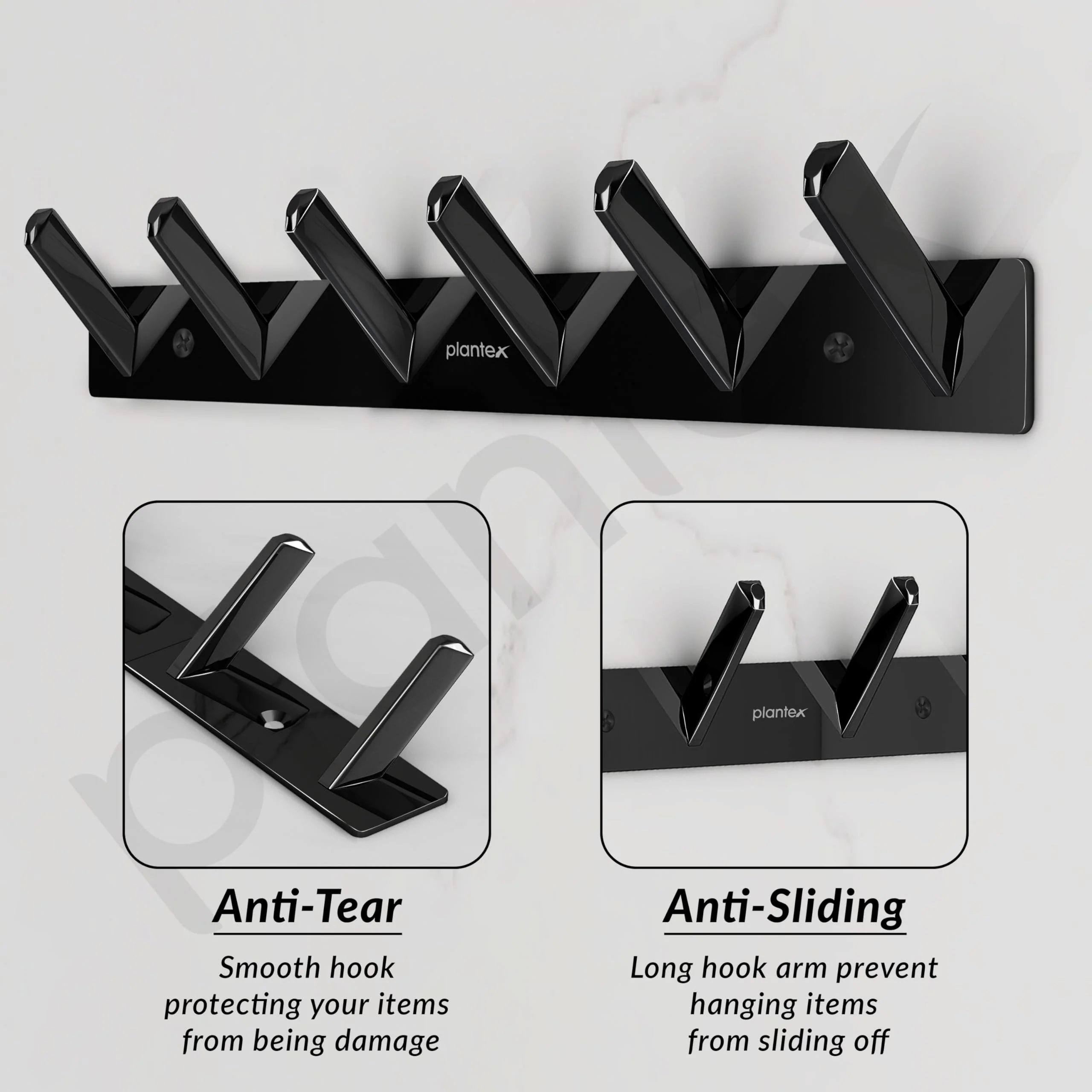 Plantex Wall Hooks for Hanging Cloth/Stainless Steel Towel Hangers/Bathroom Robe Hooks/Door Hangers/Square Wall Hook/Hook Rail for Hanging Keys - 6 Hooks (Pack of 1, PVD Black) - Image 5