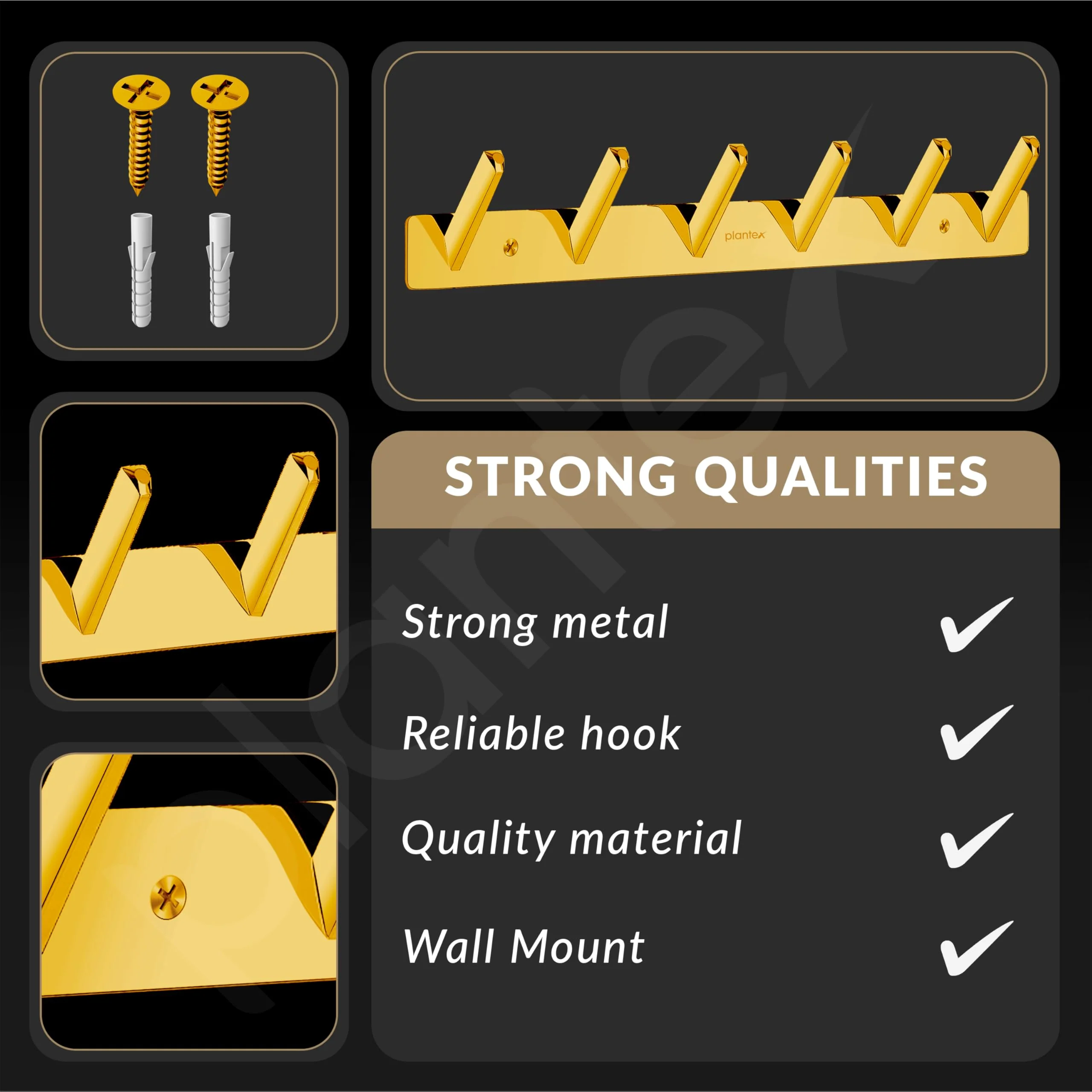 Plantex Wall Hooks for Hanging Cloth/Stainless Steel Towel Hangers/Bathroom Robe Hooks/Door Hangers/Square Wall Hook/Hook Rail for Hanging Keys - 6 Hooks (Pack of 1, PVD Gold) - Image 6