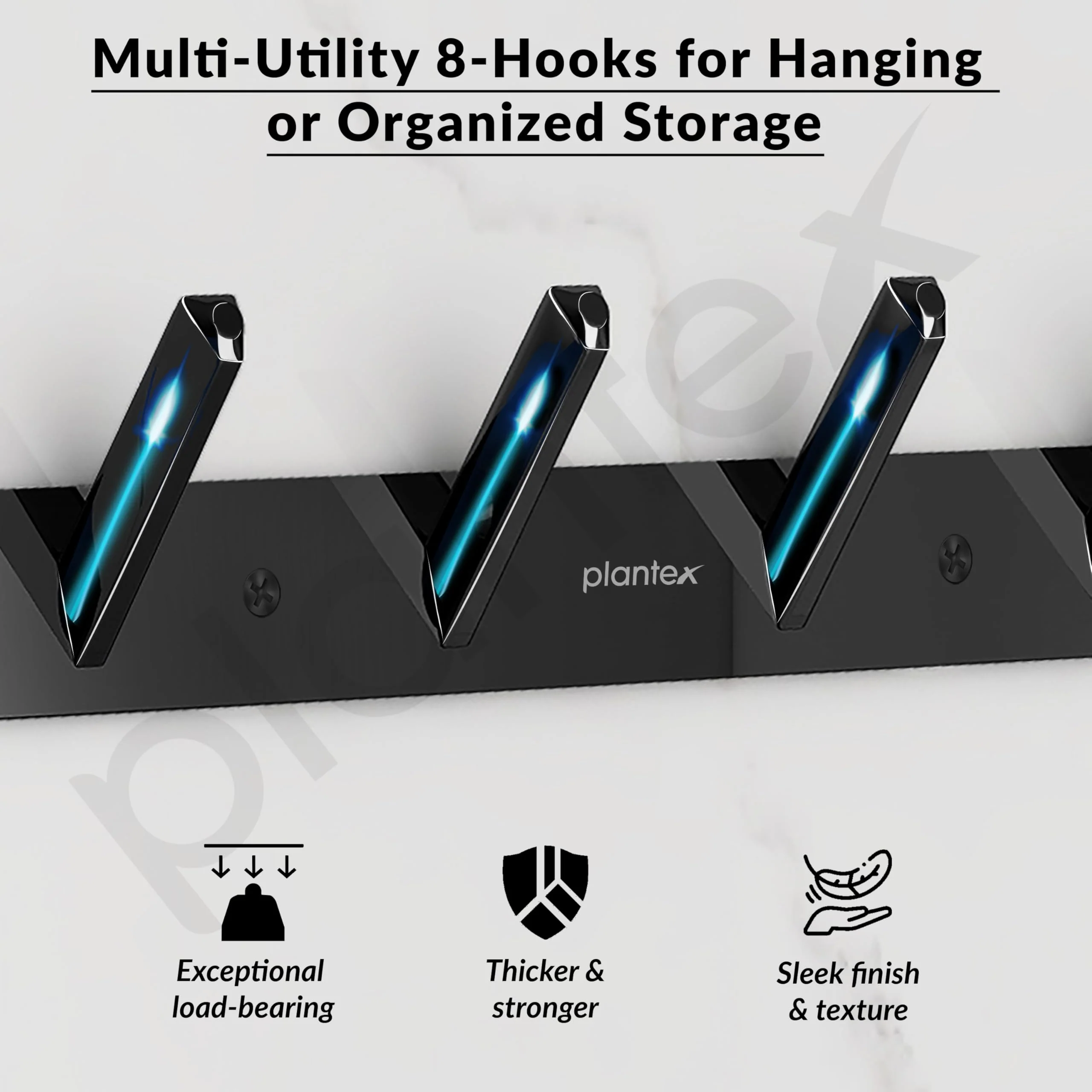Plantex Wall Hooks for Hanging Cloth/Stainless Steel Towel Hangers/Bathroom Robe Hooks/Door Hangers/Square Wall Hook/Hook Rail for Hanging Keys - 8 Hooks (Pack of 1, PVD Black) - Image 4