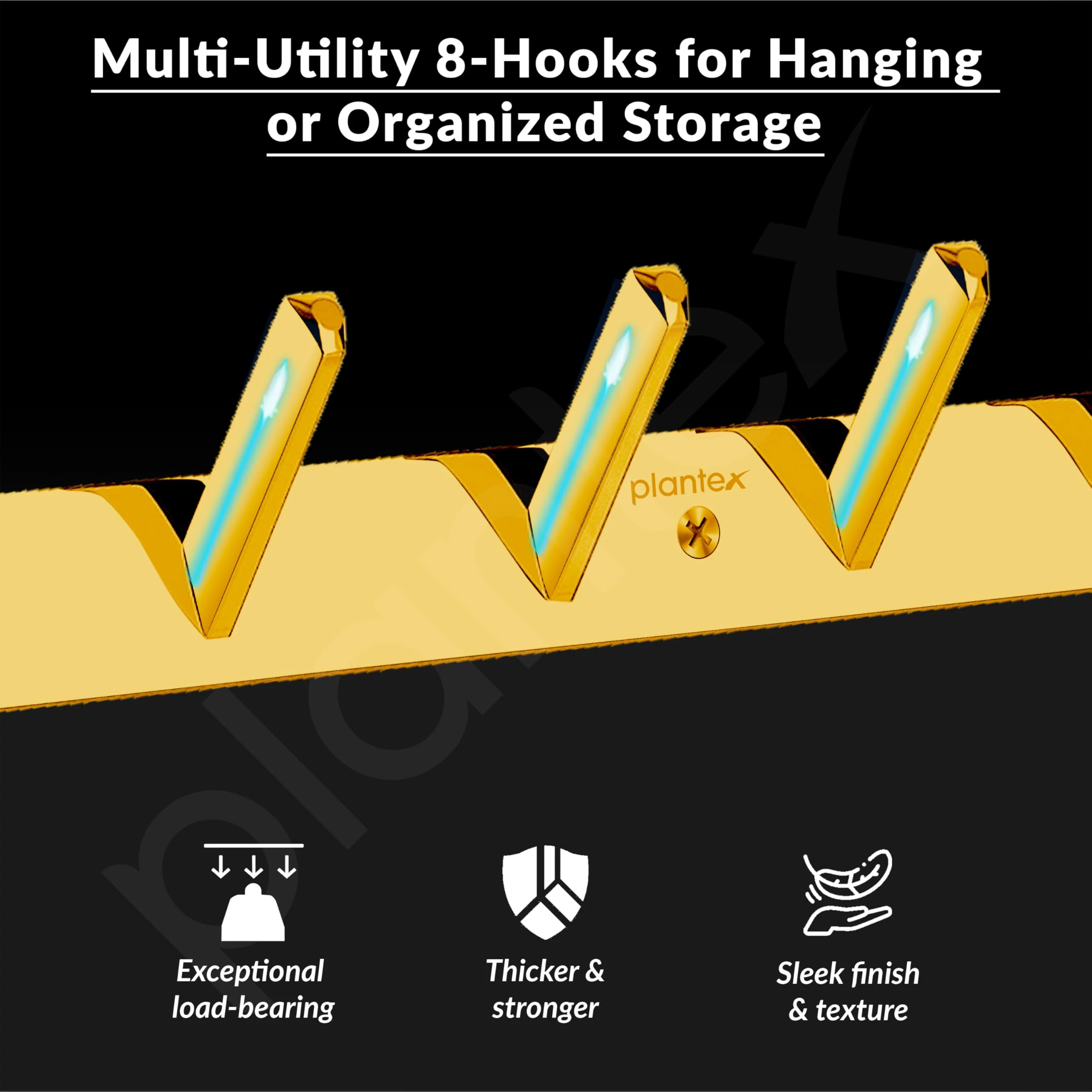 Plantex Wall Hooks for Hanging Cloth/Stainless Steel Towel Hangers/Bathroom Robe Hooks/Door Hangers/Square Wall Hook/Hook Rail for Hanging Keys - 8 Hooks (Pack of 1, PVD Gold) - Image 4