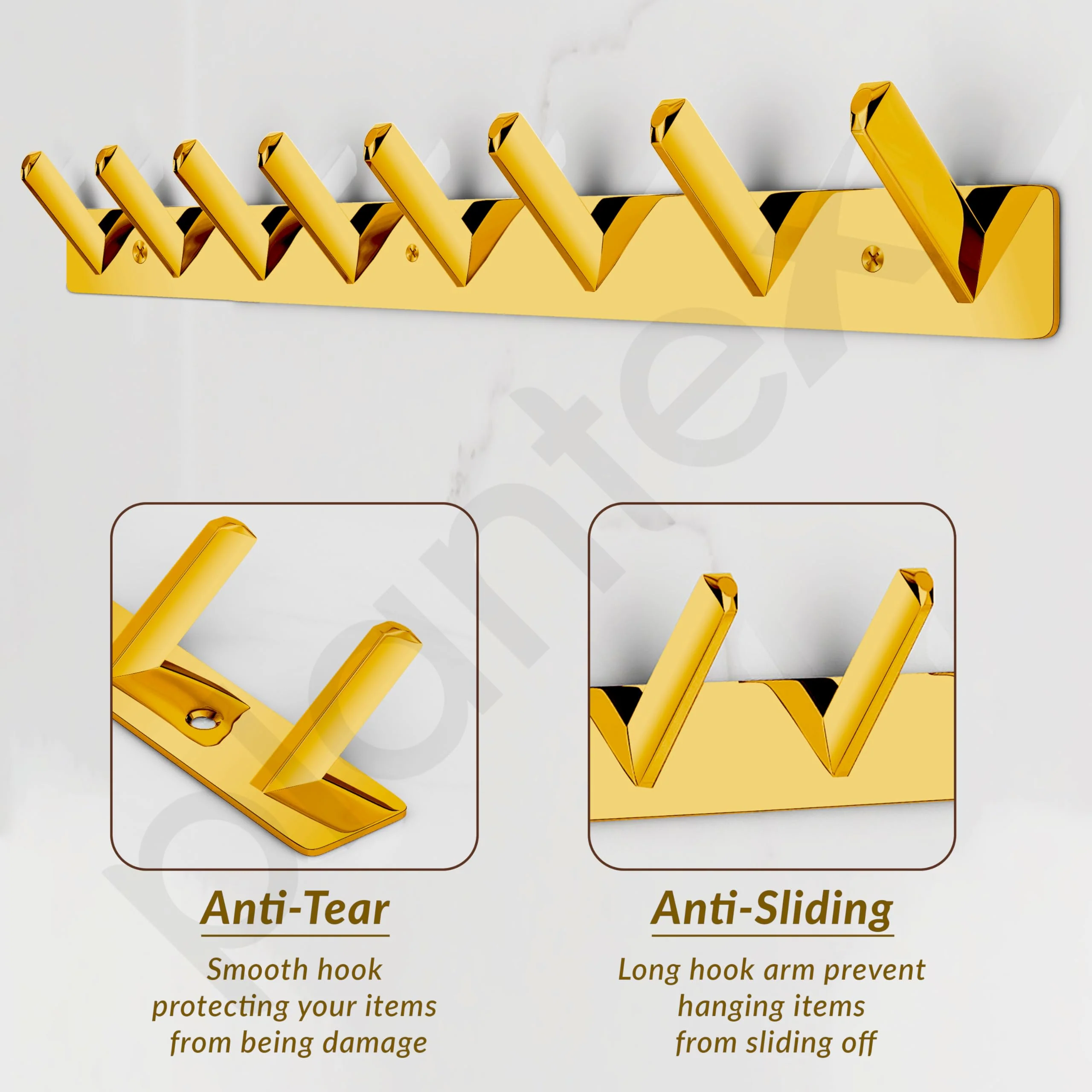 Plantex Wall Hooks for Hanging Cloth/Stainless Steel Towel Hangers/Bathroom Robe Hooks/Door Hangers/Square Wall Hook/Hook Rail for Hanging Keys - 8 Hooks (Pack of 1, PVD Gold) - Image 5