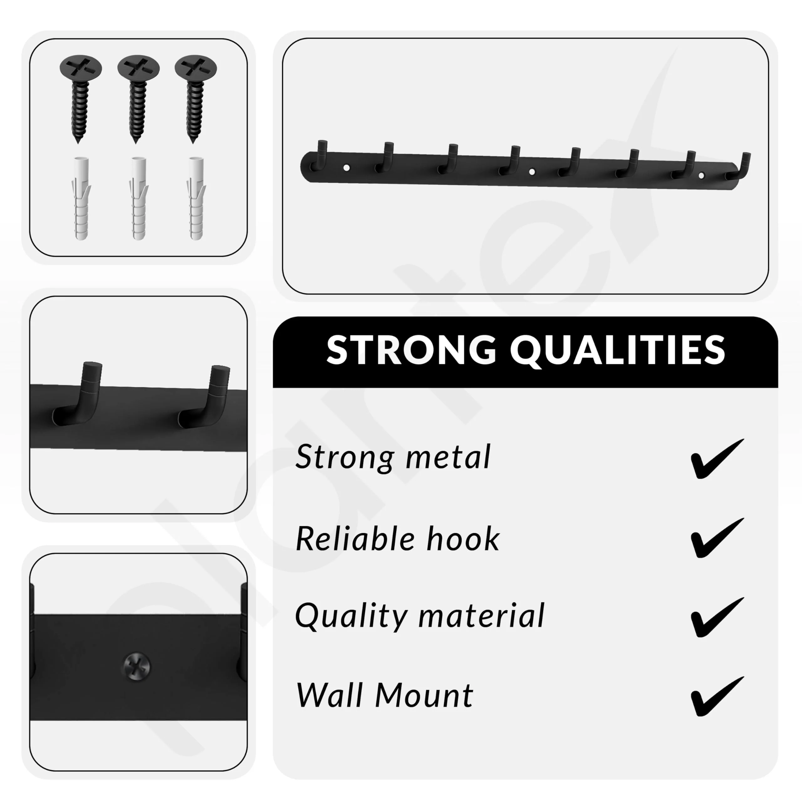 Plantex Wall Hooks for Hanging Cloth/Stainless Steel Towel Hangers/Bathroom Robe Hooks/Door Hangers/Wall Hook Rack/Hook Rail for Hanging Keys - 8 Hooks (Pack of 1, Black) - Image 3
