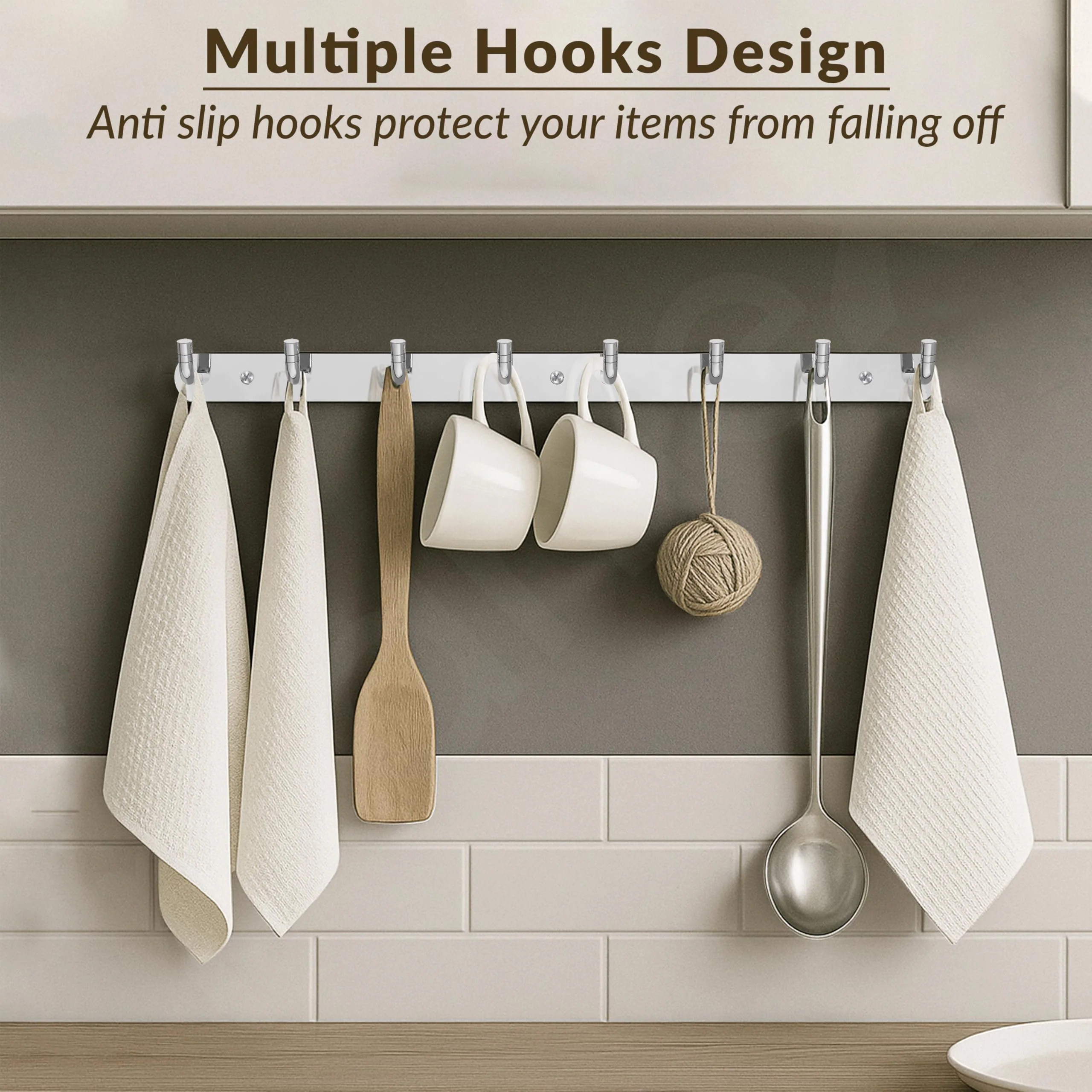 Plantex Wall Hooks for Hanging Cloth/Stainless Steel Towel Hangers/Bathroom Robe Hooks/Door Hangers/Wall Hook Rack/Hook Rail for Hanging Keys - 8 Hooks (Pack of 1, Chrome) - Image 2