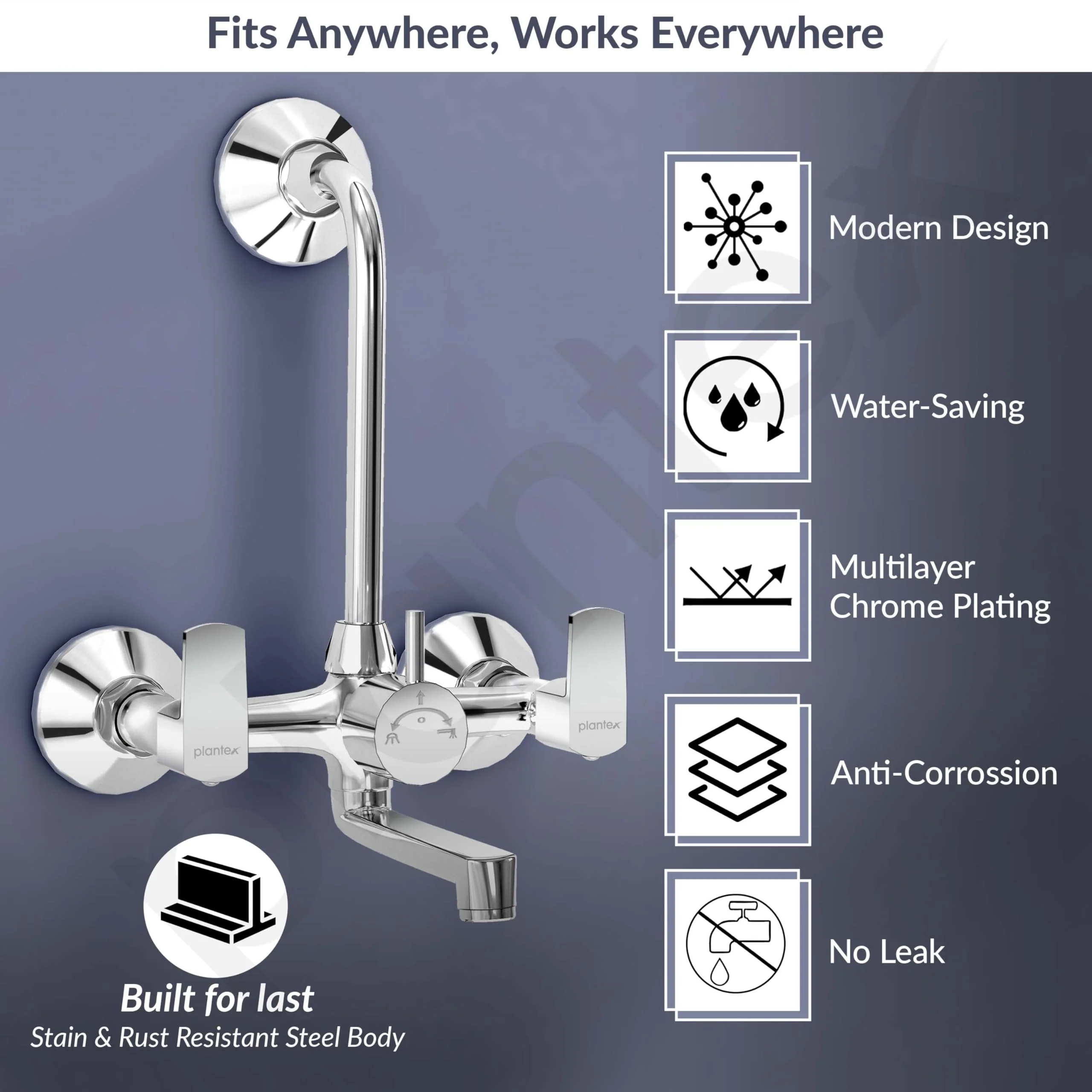 Plantex Wall Mixer 2 in 1 with L-Bend Connector for Rain Shower/Nickel Chrome Mirror Finish Mixture Tap for Bathroom with Wall Flange-(APS-1299) - Image 2