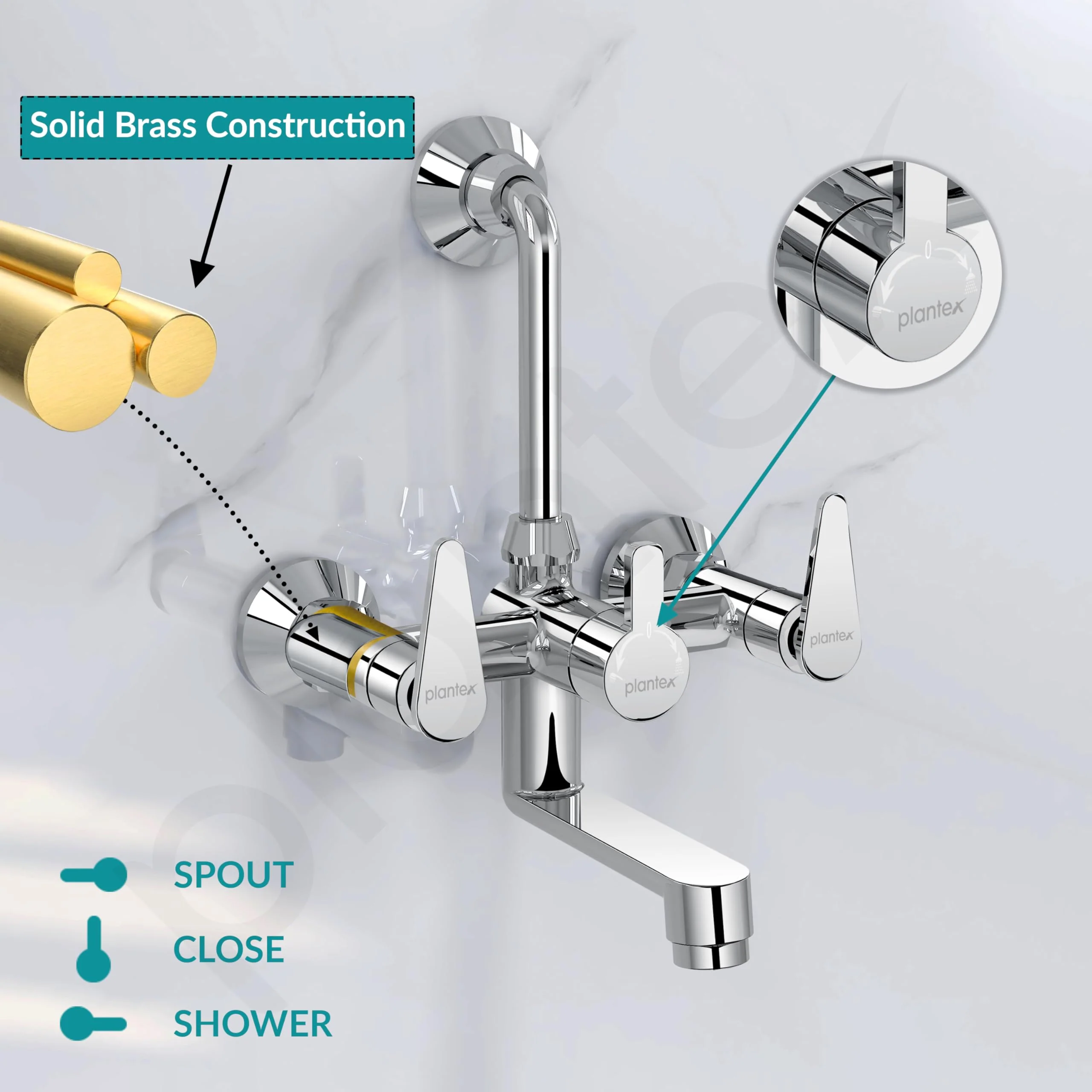 Plantex Wall Mixer for Bathroom 2 in 1 with L-Bend Connector for Overhead Shower/Tap Mixer/Water Saving Nozzle Tap - 7 Year Manufacturer's Warranty (LEA-718-Chrome) - Image 2