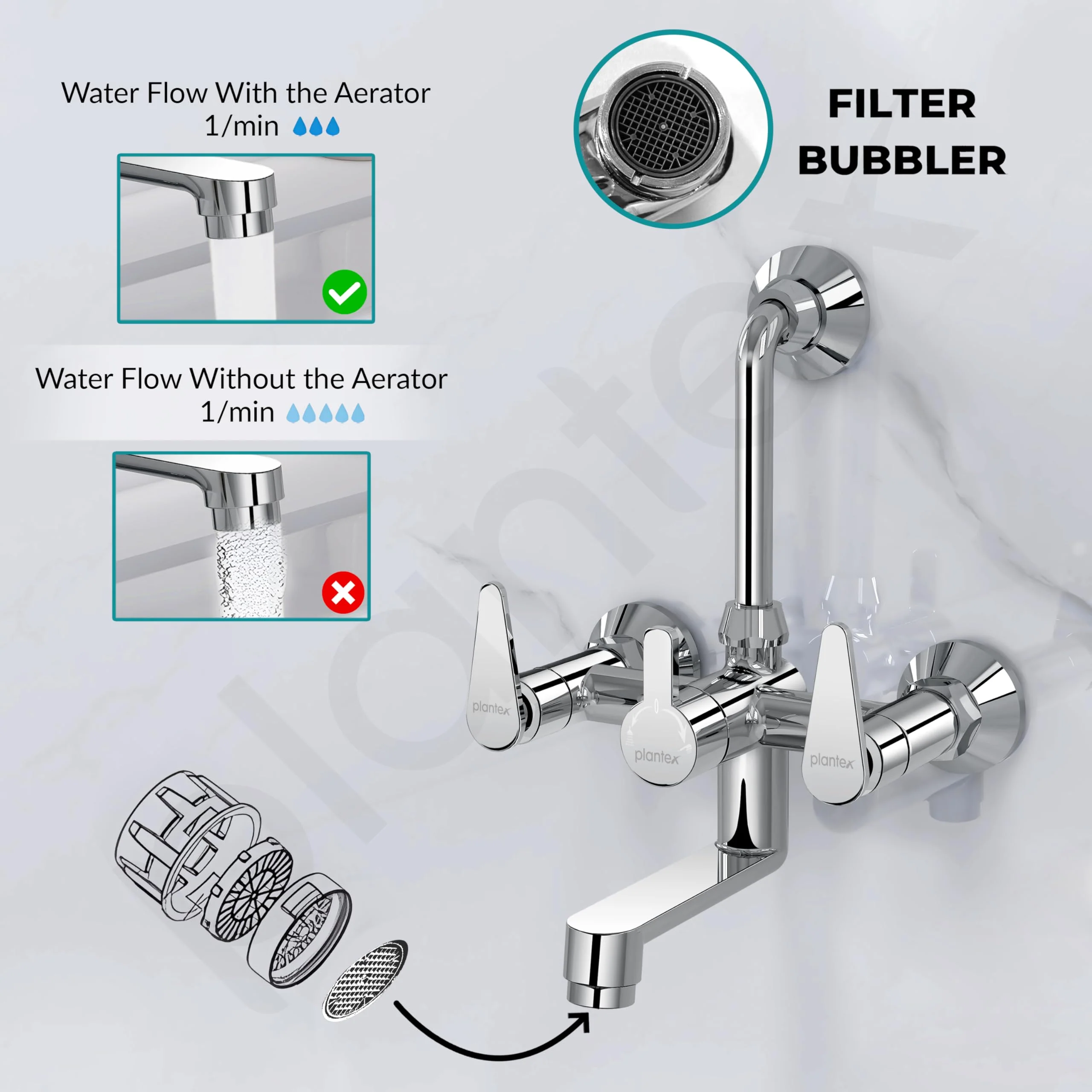 Plantex Wall Mixer for Bathroom 2 in 1 with L-Bend Connector for Overhead Shower/Tap Mixer/Water Saving Nozzle Tap - 7 Year Manufacturer's Warranty (LEA-718-Chrome) - Image 6