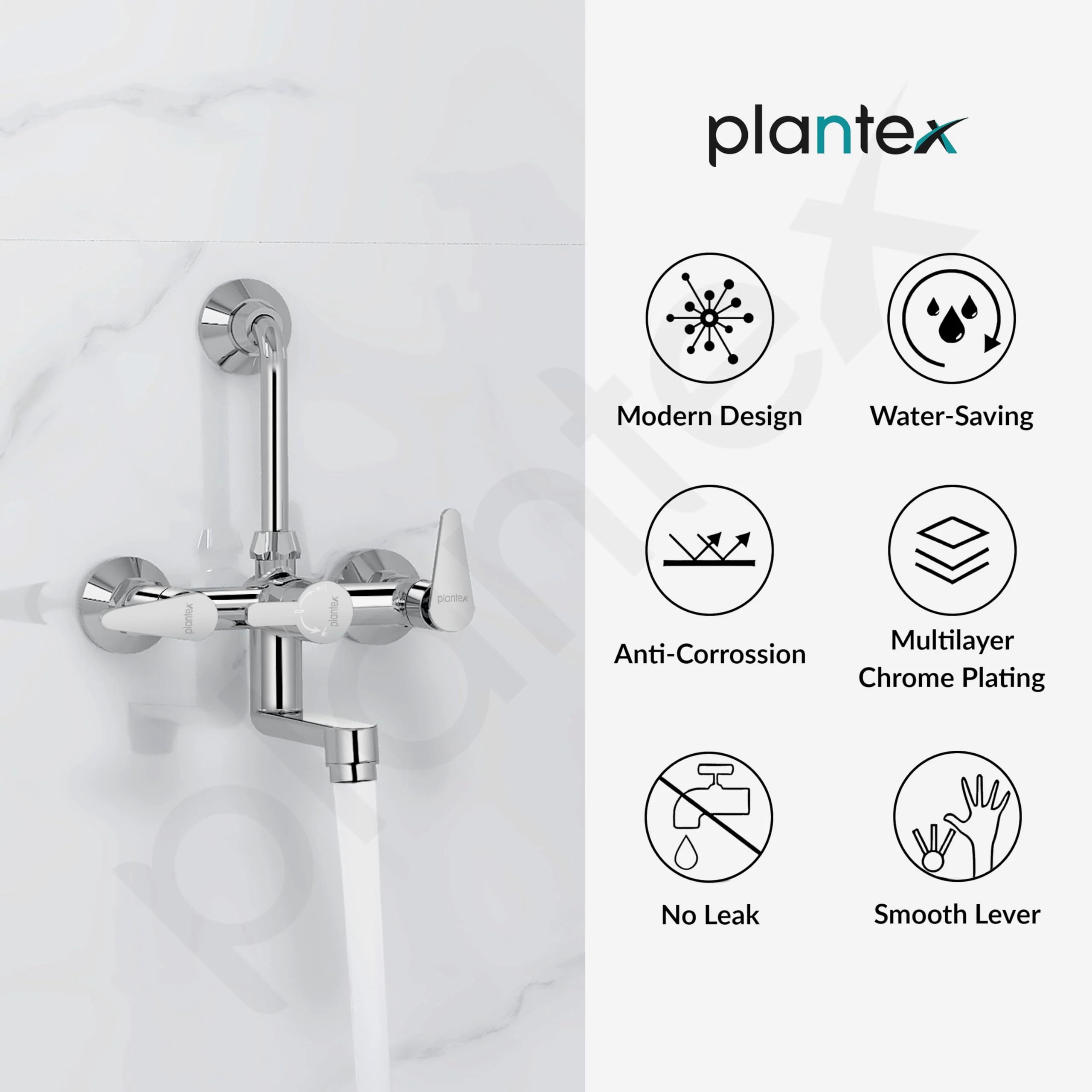 Plantex Wall Mixer for Bathroom 2 in 1 with L-Bend Connector for Overhead Shower/Tap Mixer/Water Saving Nozzle Tap - 7 Year Manufacturer's Warranty (LEA-718-Chrome) - Image 7