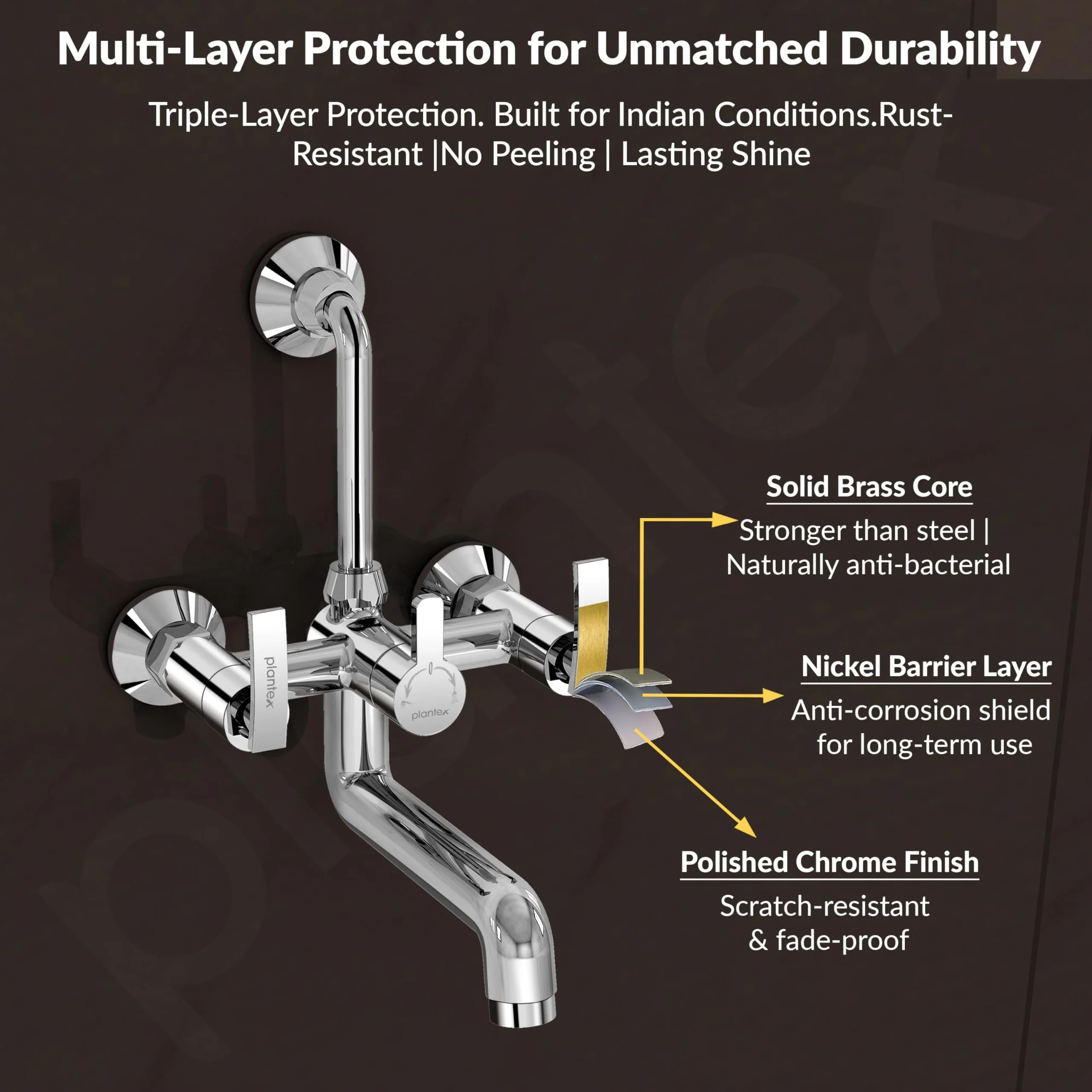 Plantex Wall Mixer for Bathroom 2 in 1 with L-Bend Provision for Overhead Shower/Pure Brass Mixer Tap for Bathroom with Water Saving Nozzle Tap- Pack of 1 (Col-1018-Chrome) - Image 5