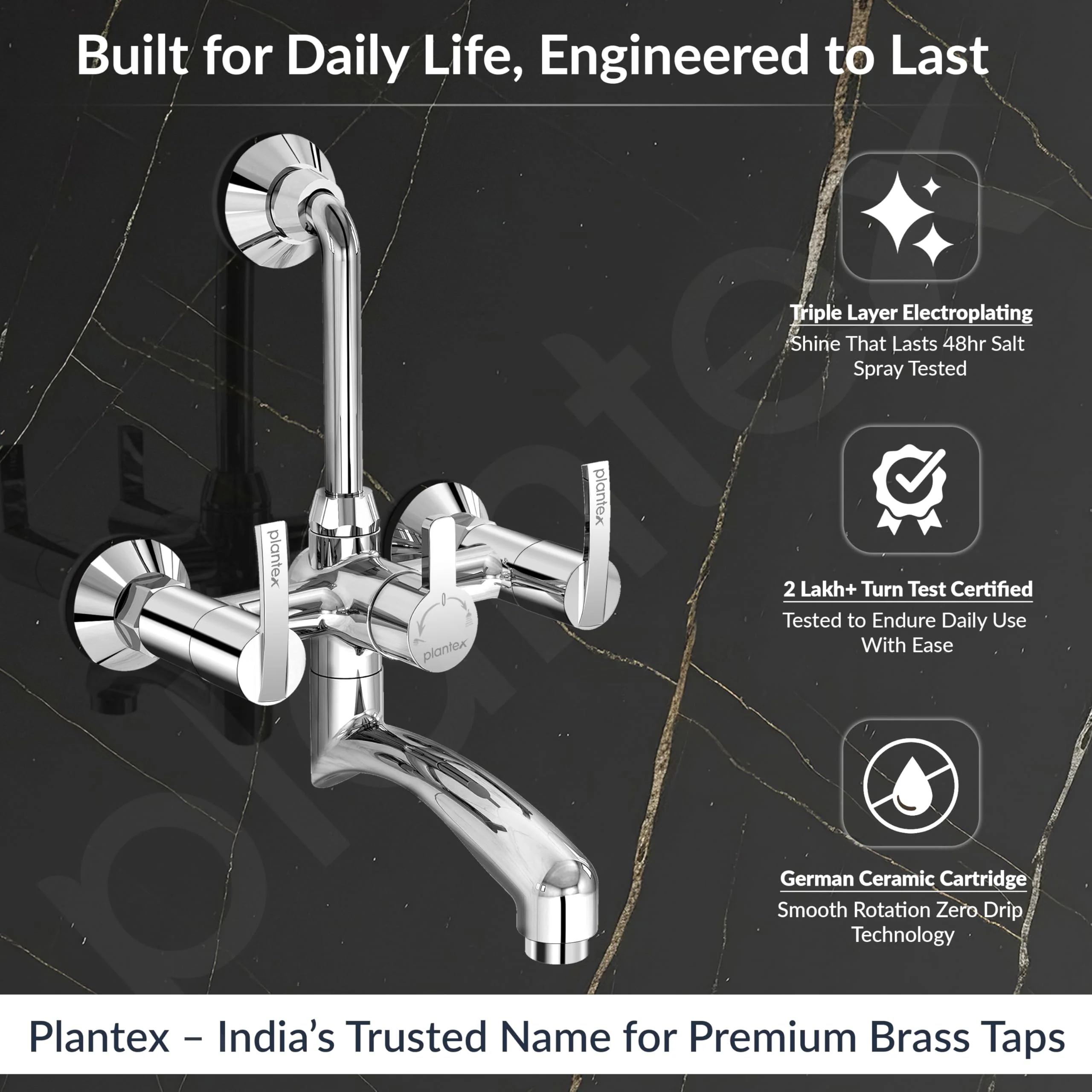 Plantex Wall Mixer for Bathroom 2 In 1 with Overhead Shower Provision and Long Bend Pipe/Mixer Tap for Bathroom with Water Saving Nozzle-7 Year Warranty (AQ-1418-Mirror Chrome) - Image 2
