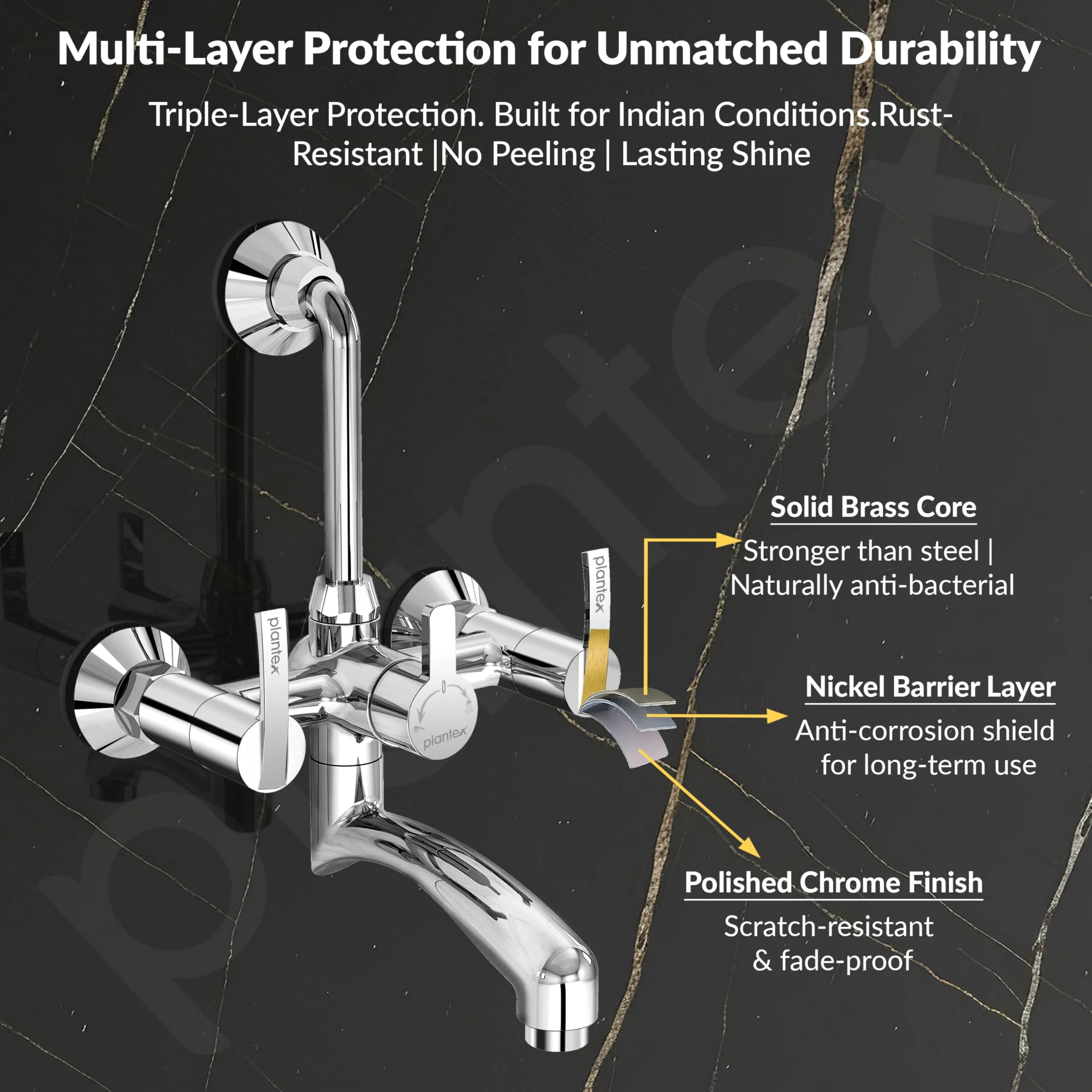 Plantex Wall Mixer for Bathroom 2 In 1 with Overhead Shower Provision and Long Bend Pipe/Mixer Tap for Bathroom with Water Saving Nozzle-7 Year Warranty (AQ-1418-Mirror Chrome) - Image 5