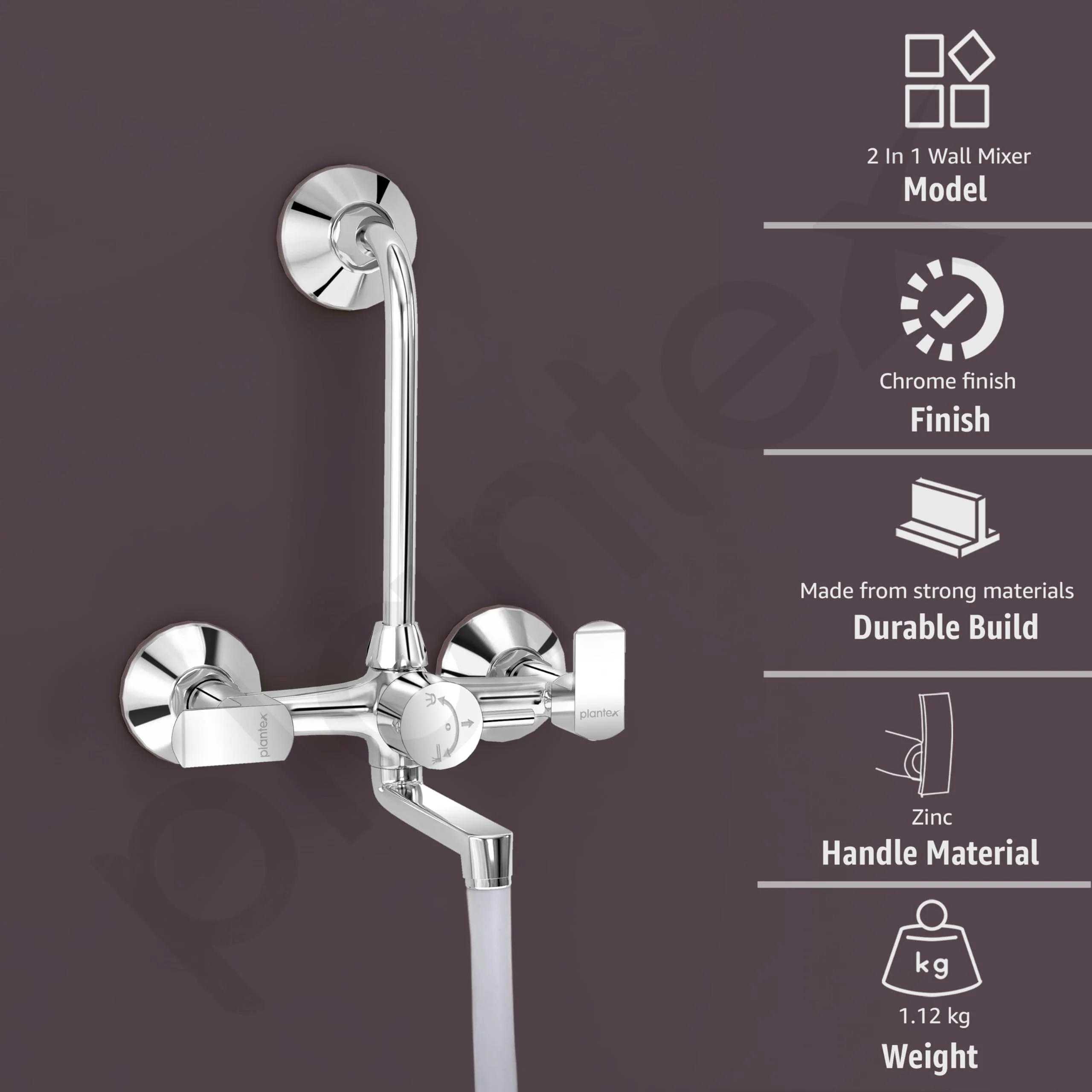 Plantex Wall Mixer 2 in 1 with L-Bend Connector and Water-Saving Aerator/Wall Mixer/Mixture Tap for Bathroom - (APS-1289 Chrome) - Image 2