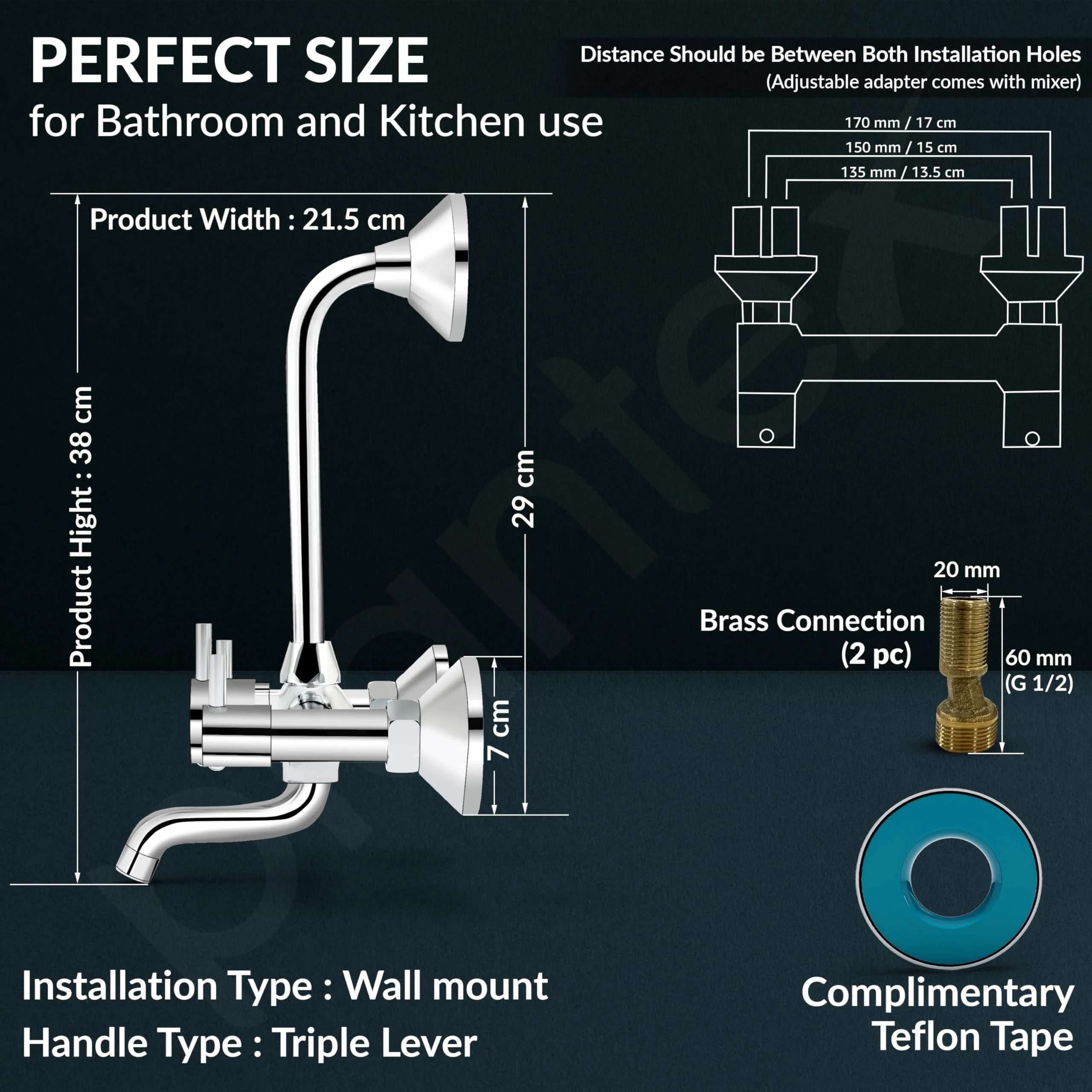 Plantex Wall Mixer 2 in 1 with L-Bend Connector for Overhead Shower/Nickel Chrome Mirror Finish Mixer for Bathroom with Wall Flange-(Mks-1279) - Image 4