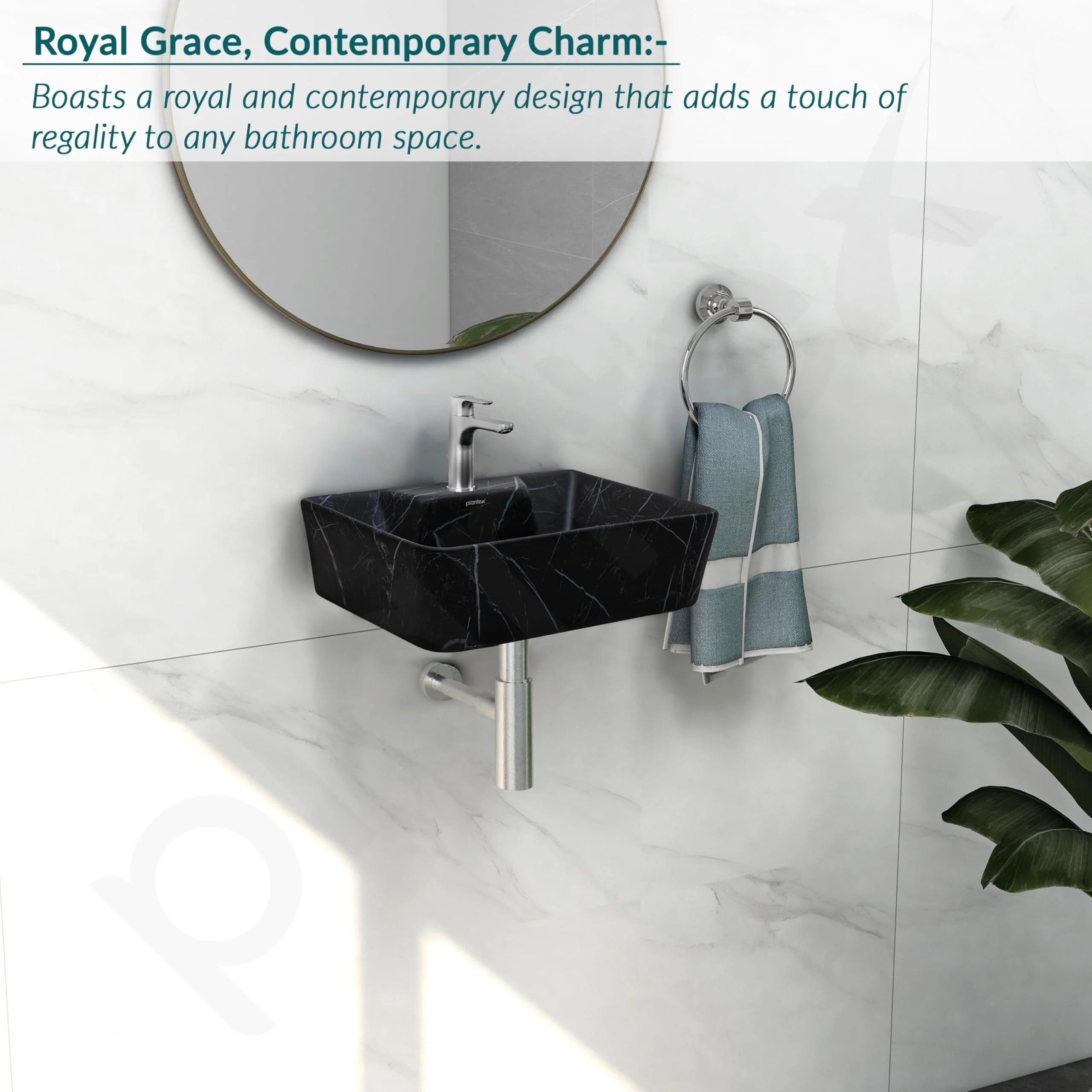 Plantex Wall Mount Wash Basin for Bathroom/Tabletop Designer Ceramic Basin/Rectangle Countertop Basin/Home/Office (Black-16x12x5 Inch) - Image 2