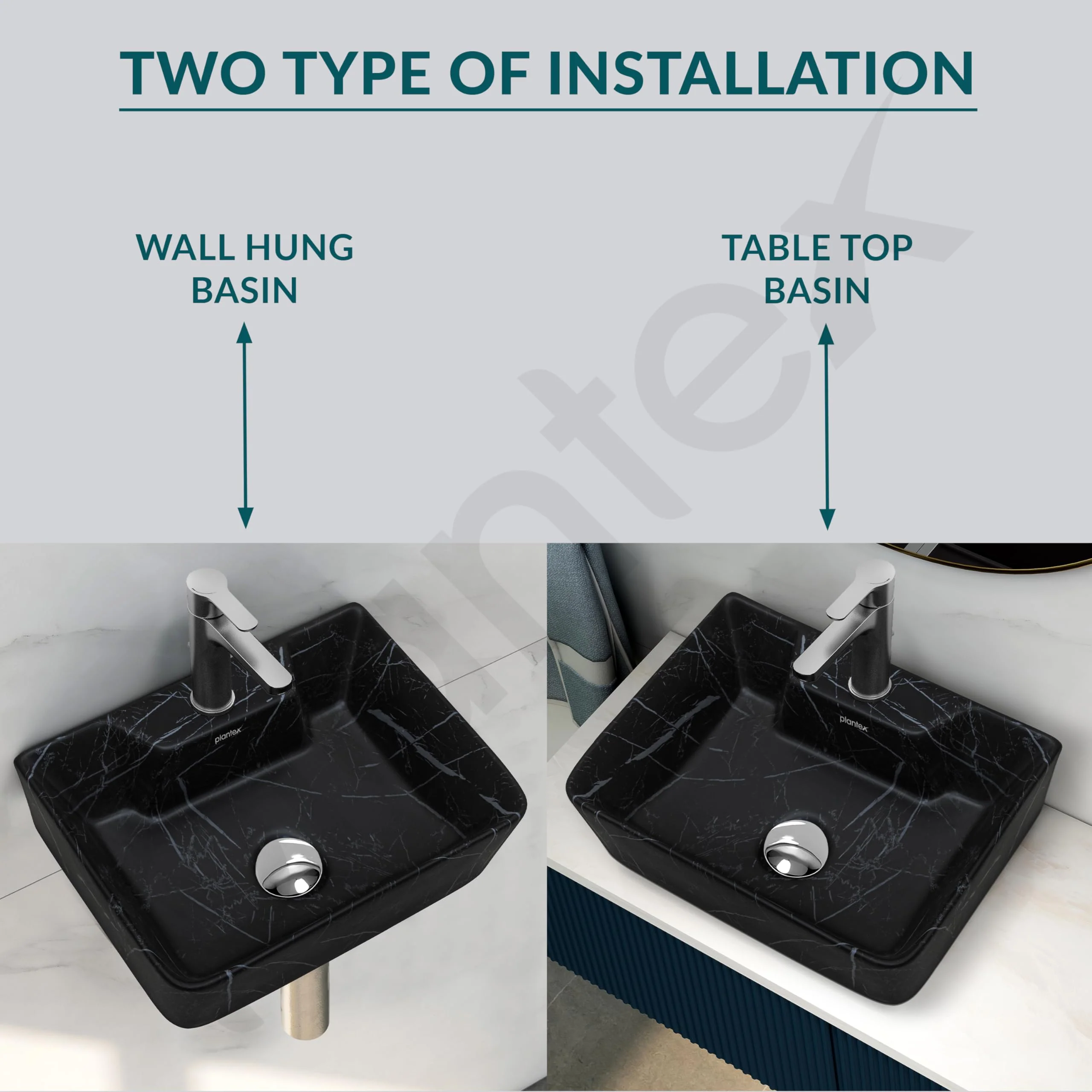 Plantex Wall Mount Wash Basin for Bathroom/Tabletop Designer Ceramic Basin/Rectangle Countertop Basin/Home/Office (Black-16x12x5 Inch) - Image 4