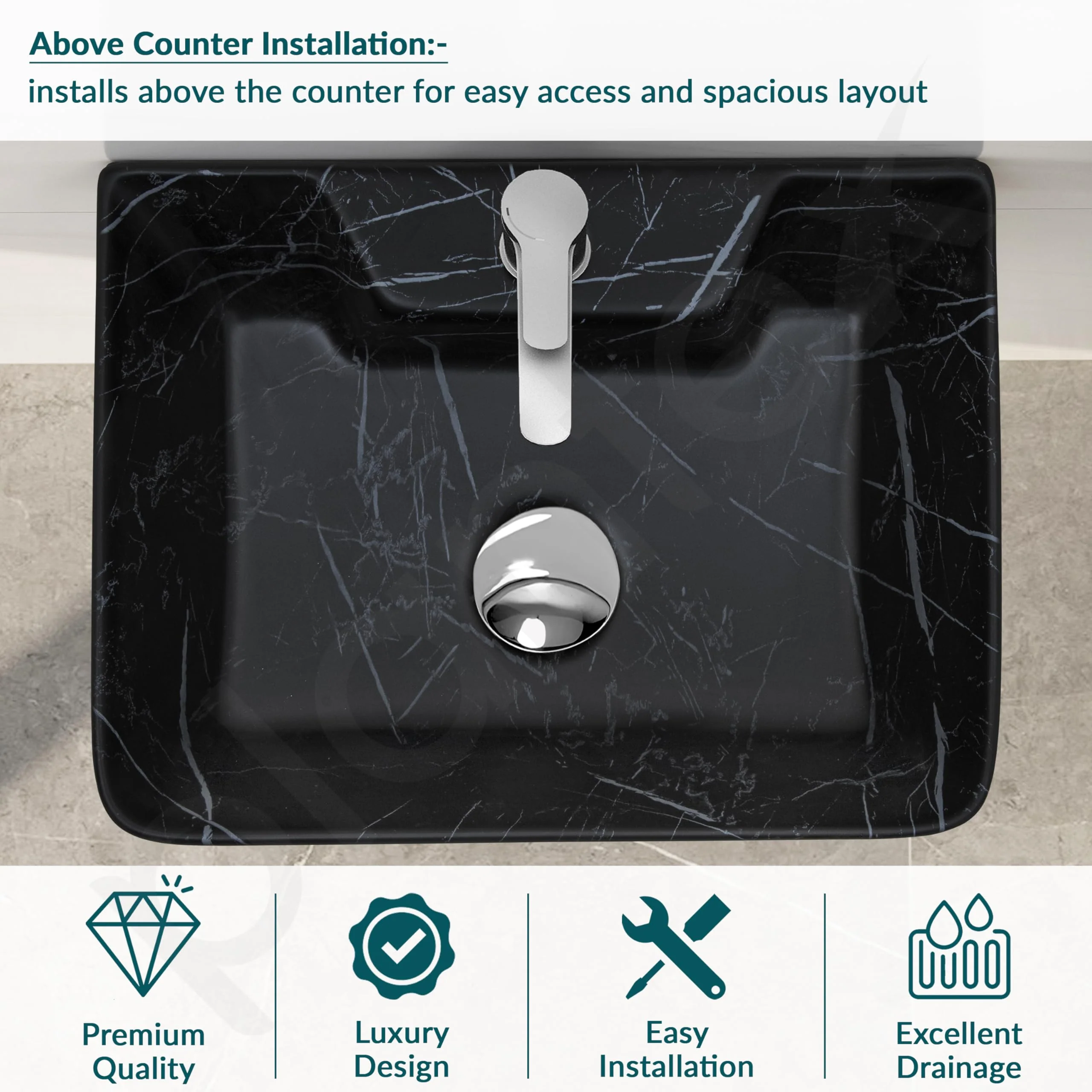 Plantex Wall Mount Wash Basin for Bathroom/Tabletop Designer Ceramic Basin/Rectangle Countertop Basin/Home/Office (Black-16x12x5 Inch) - Image 5