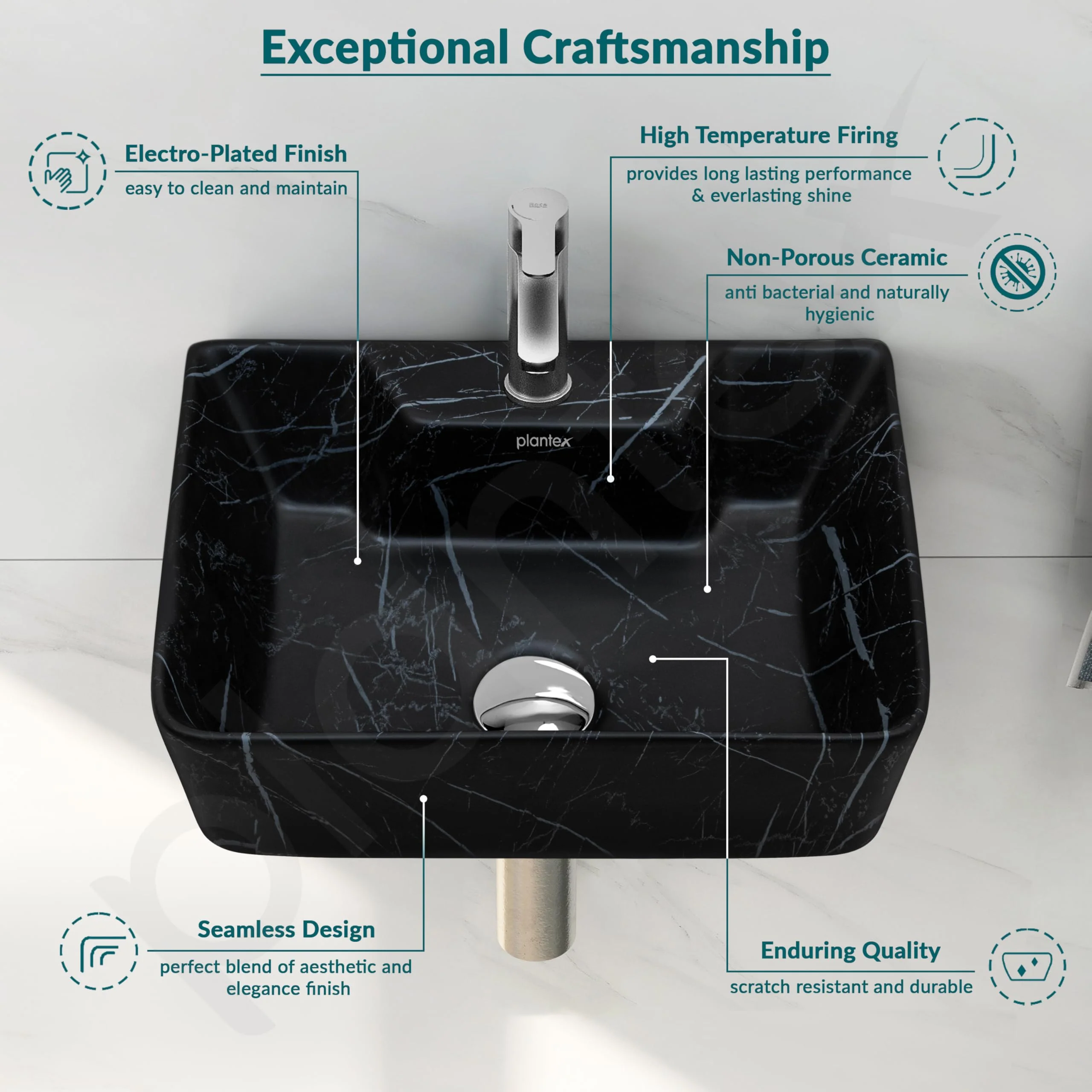 Plantex Wall Mount Wash Basin for Bathroom/Tabletop Designer Ceramic Basin/Rectangle Countertop Basin/Home/Office (Black-16x12x5 Inch) - Image 6