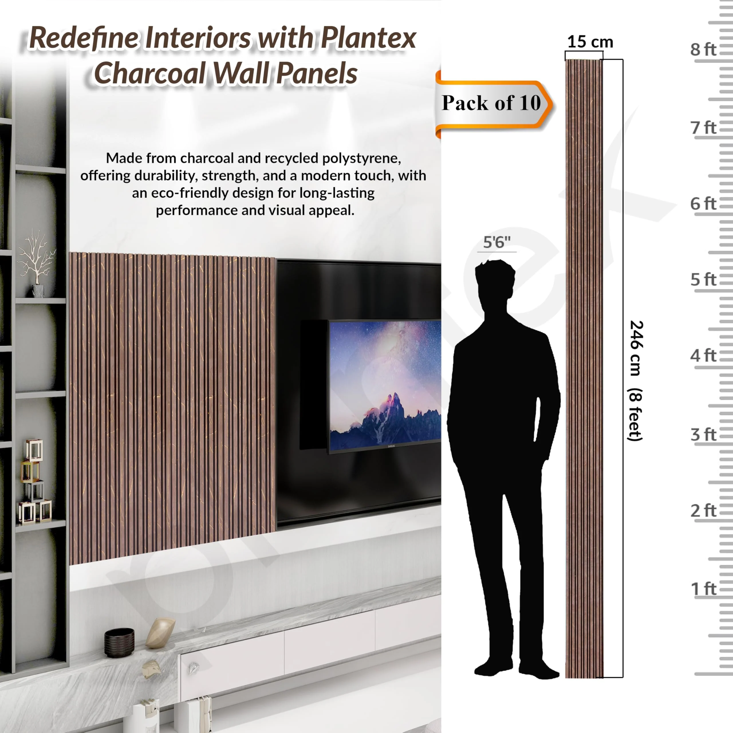 Plantex Wall Panels/Louvers Panel for Wall 8 Feet/Charcoal Panel for Interior Wall Décor/3D Wall Panel - Pack of 10 Covers - 40 Sq. Ft, Size-5 Inch x 8 Feet (Brown Marble) - Image 2