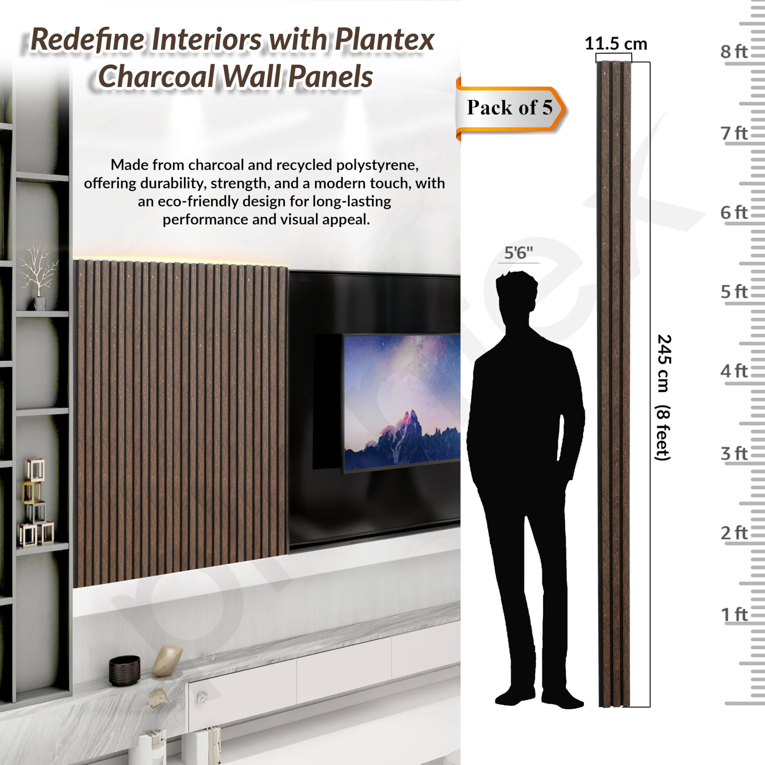 Plantex Wall Panels/Louvers Panel for Wall 8 Feet/Charcoal Panel for Interior Wall Décor/3D Wall Panel - Pack of 5 Covers - 15 Sq. Ft, Size-5 Inch x 8 Feet (Cocoa Wooden) - Image 2
