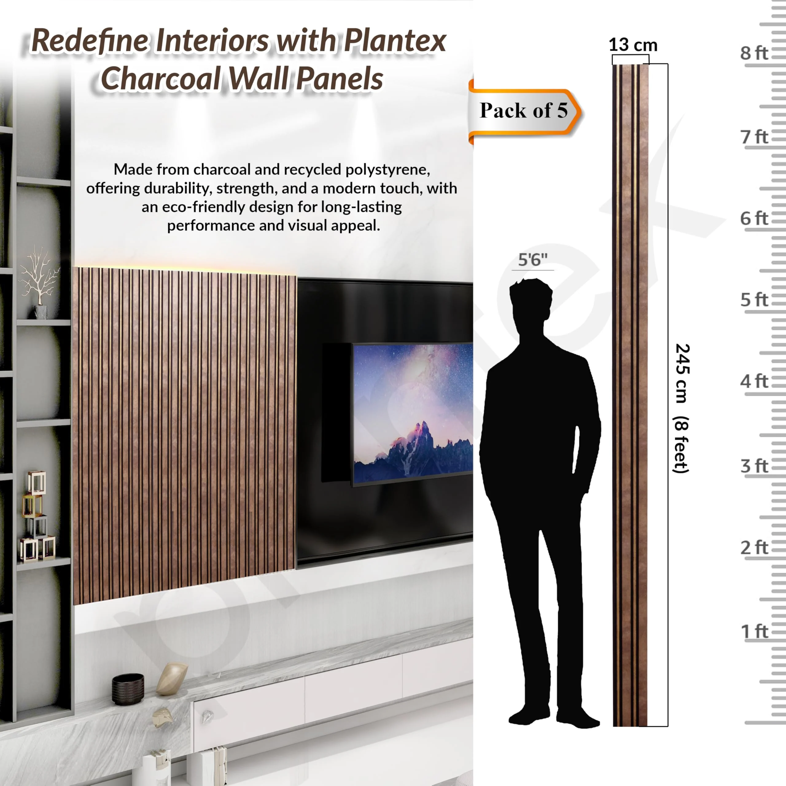 Plantex Wall Panels/Louvers Panel for Wall 8 Feet/Charcoal Panel for Interior Wall Décor/3D Wall Panel - Pack of 5 Covers - 17 Sq. Ft, Size-5 Inch x 8 Feet (Brown Gold Elegance) - Image 2