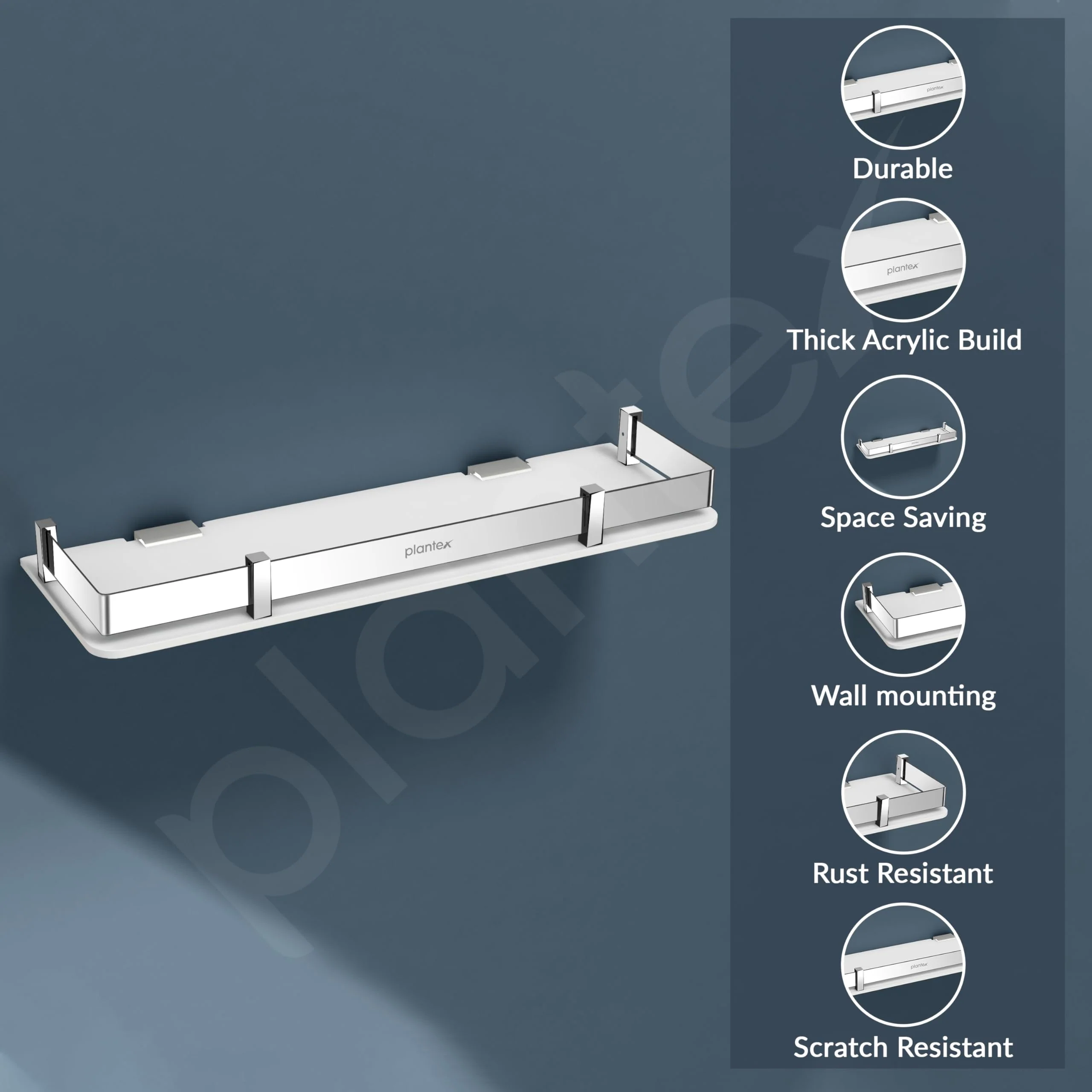 Plantex Wall Shelf for Bathroom Storage/Acrylic Washroom Shelf Organizer with Stainless Steel Railings/Bathroom Accessories (White, 15x6 inches) - Image 4