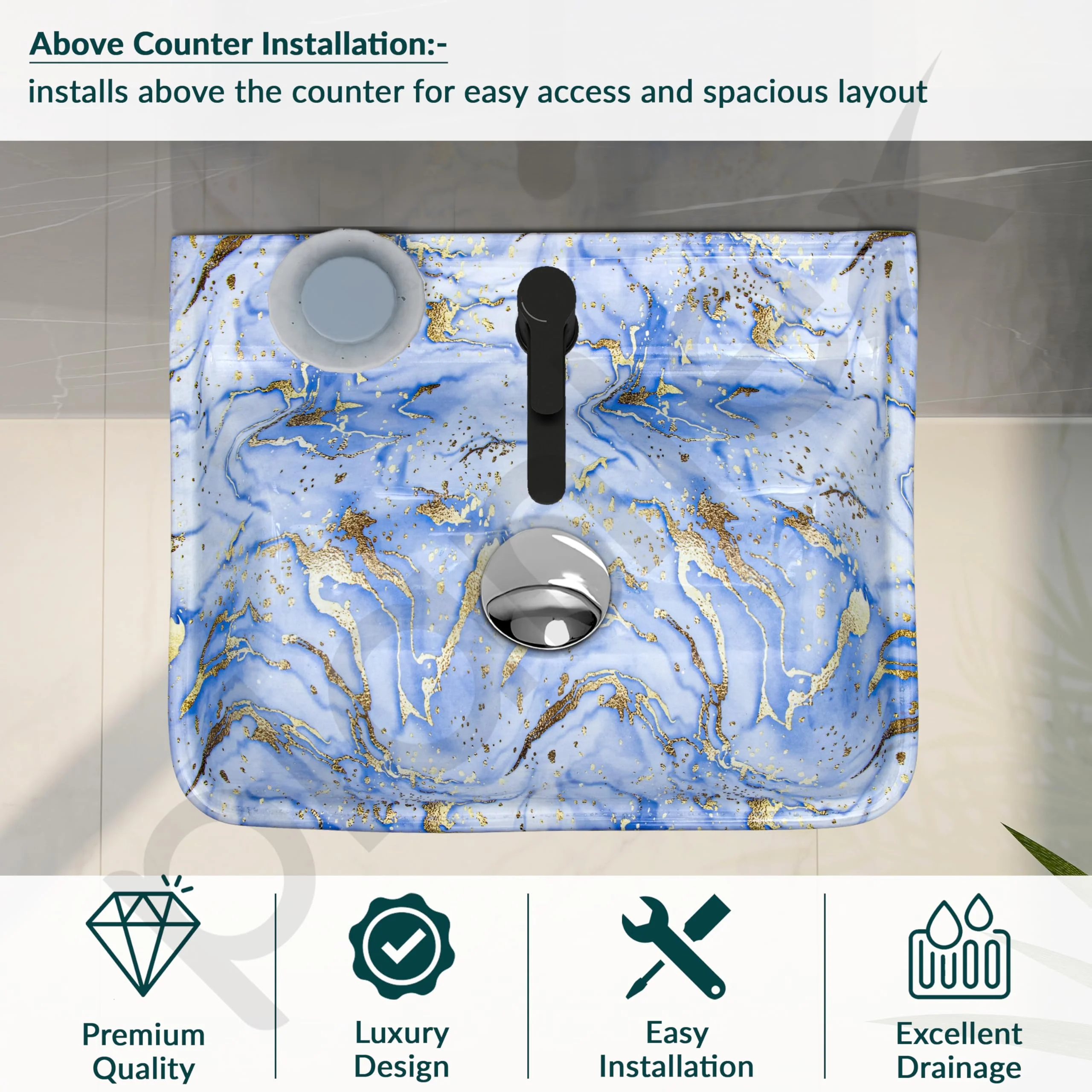 Plantex Wallmount Basin for Bathroom/Designer Ceramic Wall Hung Hand Wash Basin/Rectangle Countertop Wash Basin/Home/Office (Blue - 17.5 x 14 x 5 Inch) - Image 5