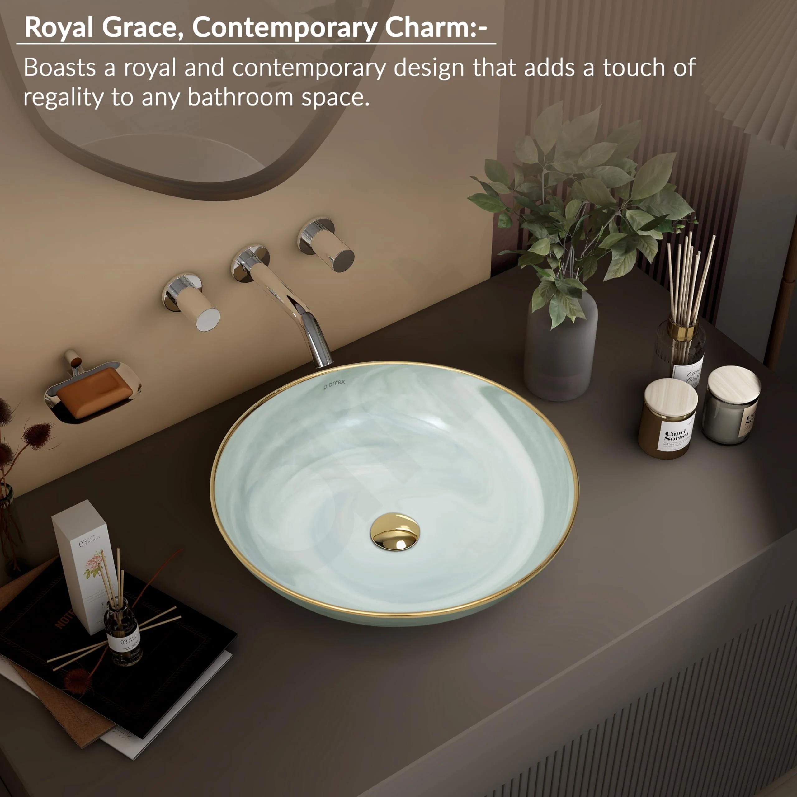 Plantex Wash Basin/Ceramic Table Top Wash Basin/Designer Countertop Basin for Bathroom/Restaurants/Hotel (Mint green & Gold - 16.5 x 16.5 x 4 Inch) - Image 2