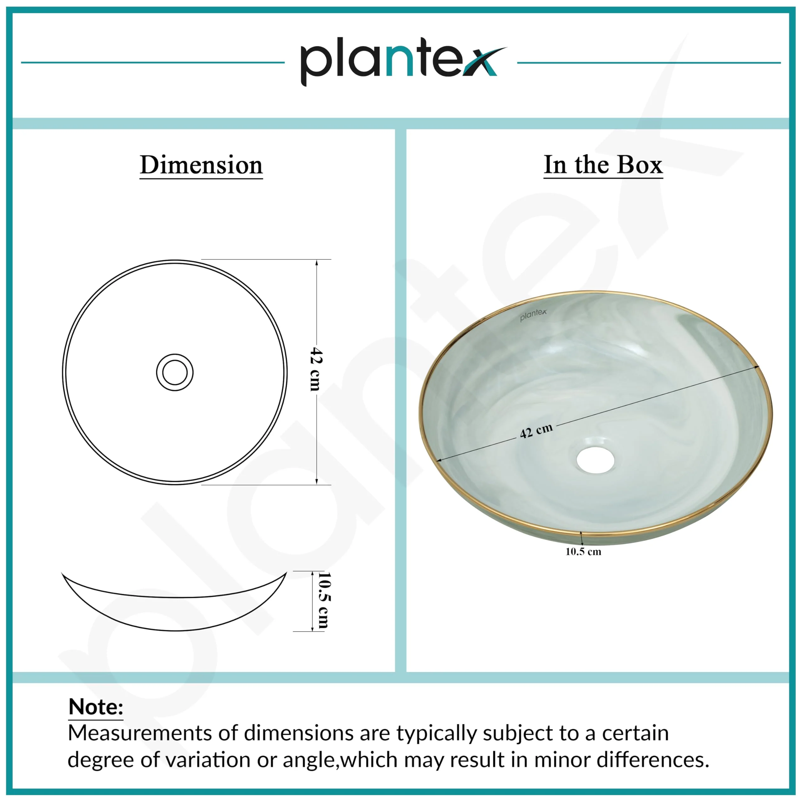 Plantex Wash Basin/Ceramic Table Top Wash Basin/Designer Countertop Basin for Bathroom/Restaurants/Hotel (Mint green & Gold - 16.5 x 16.5 x 4 Inch) - Image 3