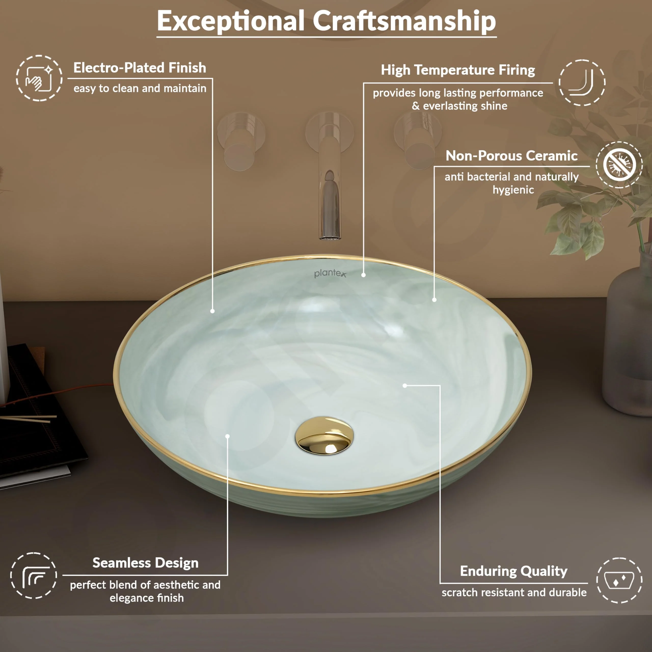 Plantex Wash Basin/Ceramic Table Top Wash Basin/Designer Countertop Basin for Bathroom/Restaurants/Hotel (Mint green & Gold - 16.5 x 16.5 x 4 Inch) - Image 4