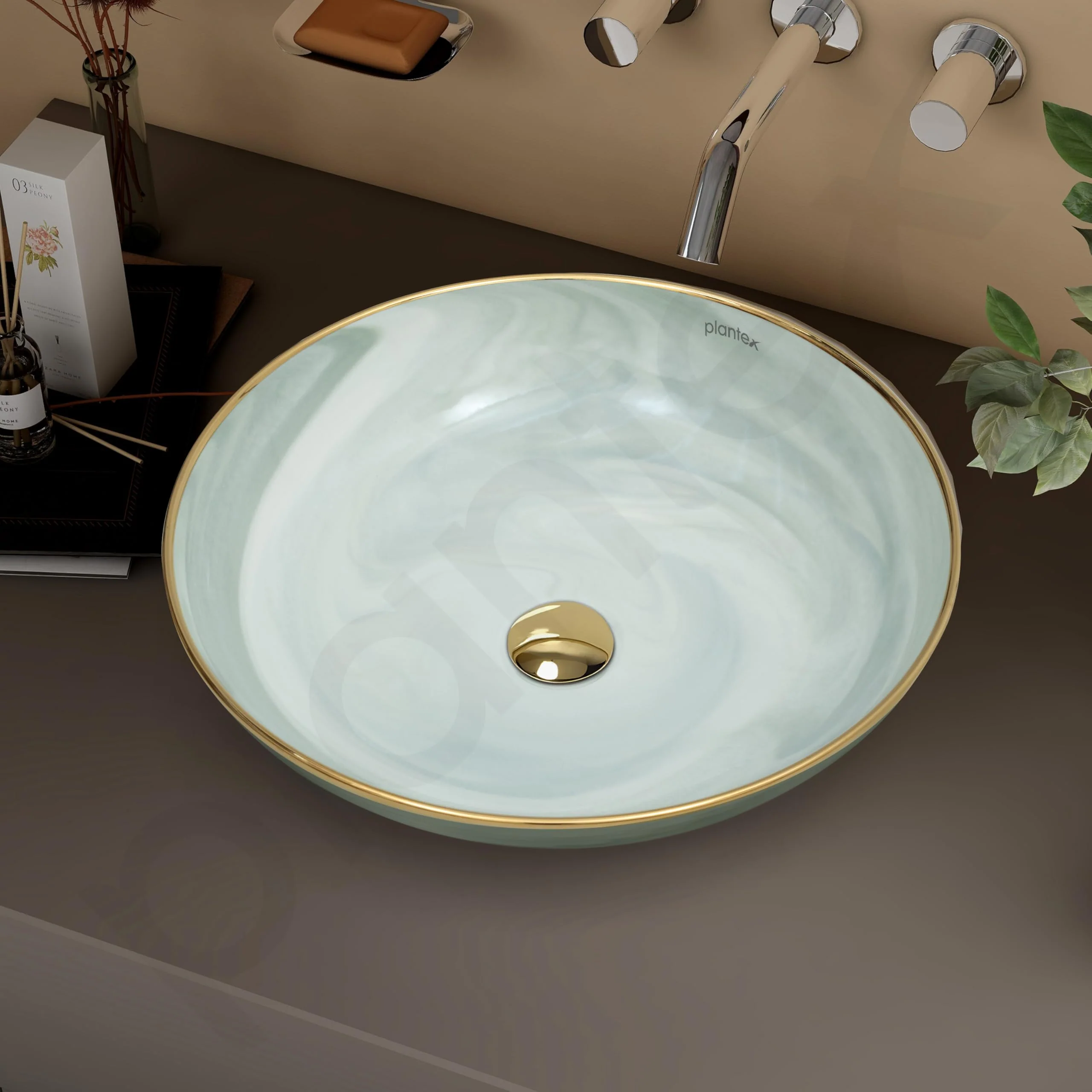 Plantex Wash Basin/Ceramic Table Top Wash Basin/Designer Countertop Basin for Bathroom/Restaurants/Hotel (Mint green & Gold - 16.5 x 16.5 x 4 Inch) - Image 6