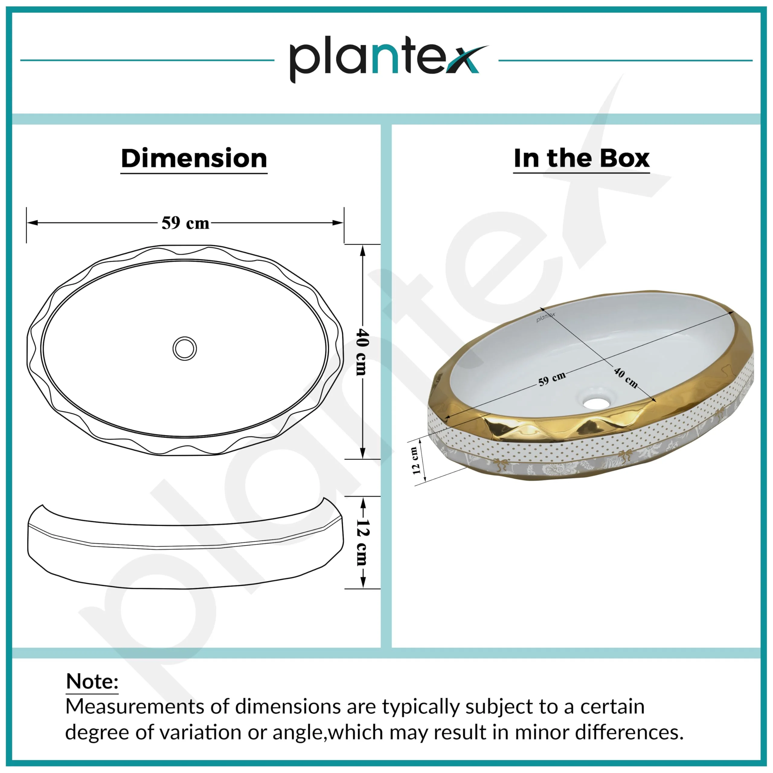 Plantex Wash Basin/Ceramic Table Top Wash Basin/Designer Countertop Basin for Bathroom/Restaurants/Hotel – Oval (White & Gold - 23 x 16 x 5 Inch) - Image 2