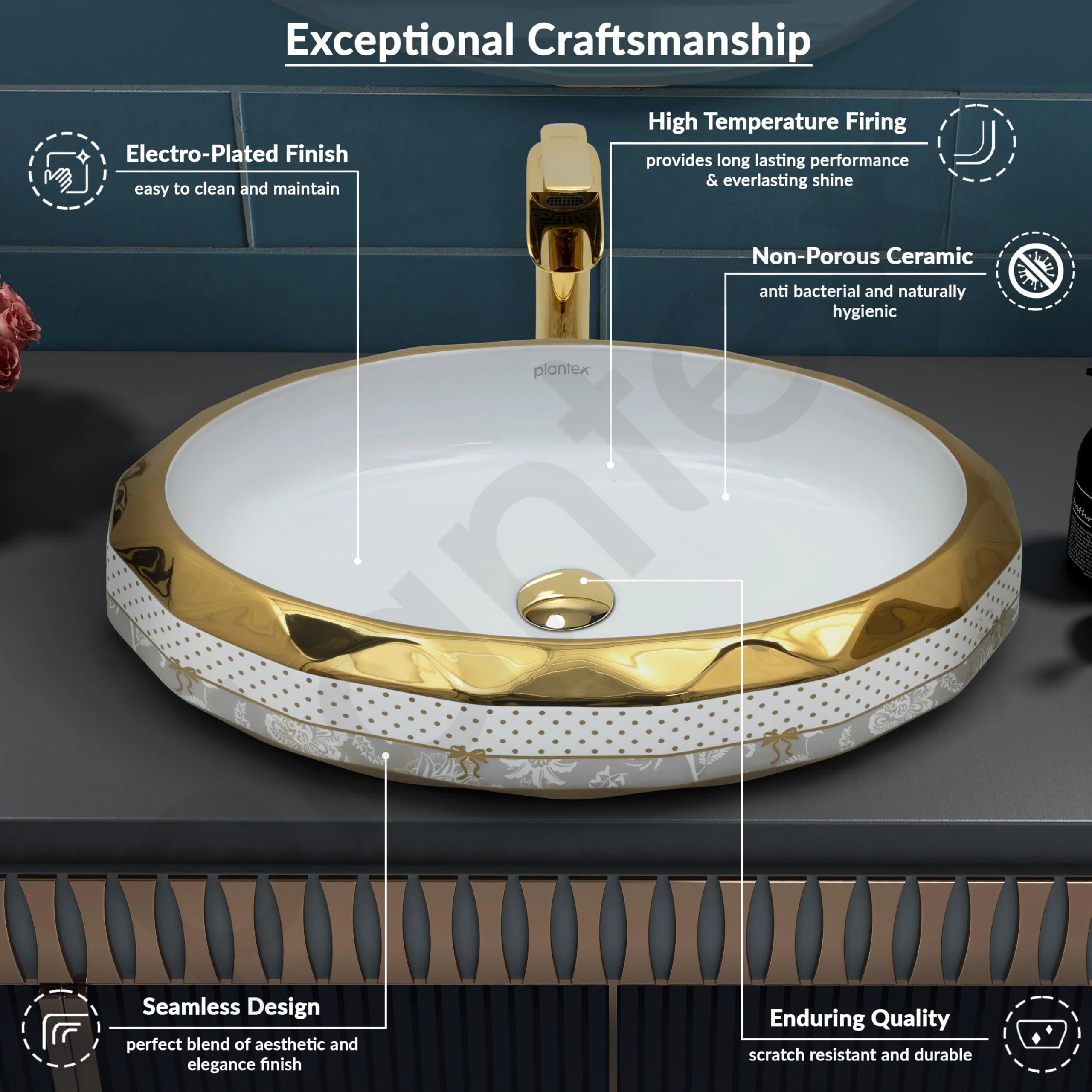 Plantex Wash Basin/Ceramic Table Top Wash Basin/Designer Countertop Basin for Bathroom/Restaurants/Hotel – Oval (White & Gold - 23 x 16 x 5 Inch) - Image 3