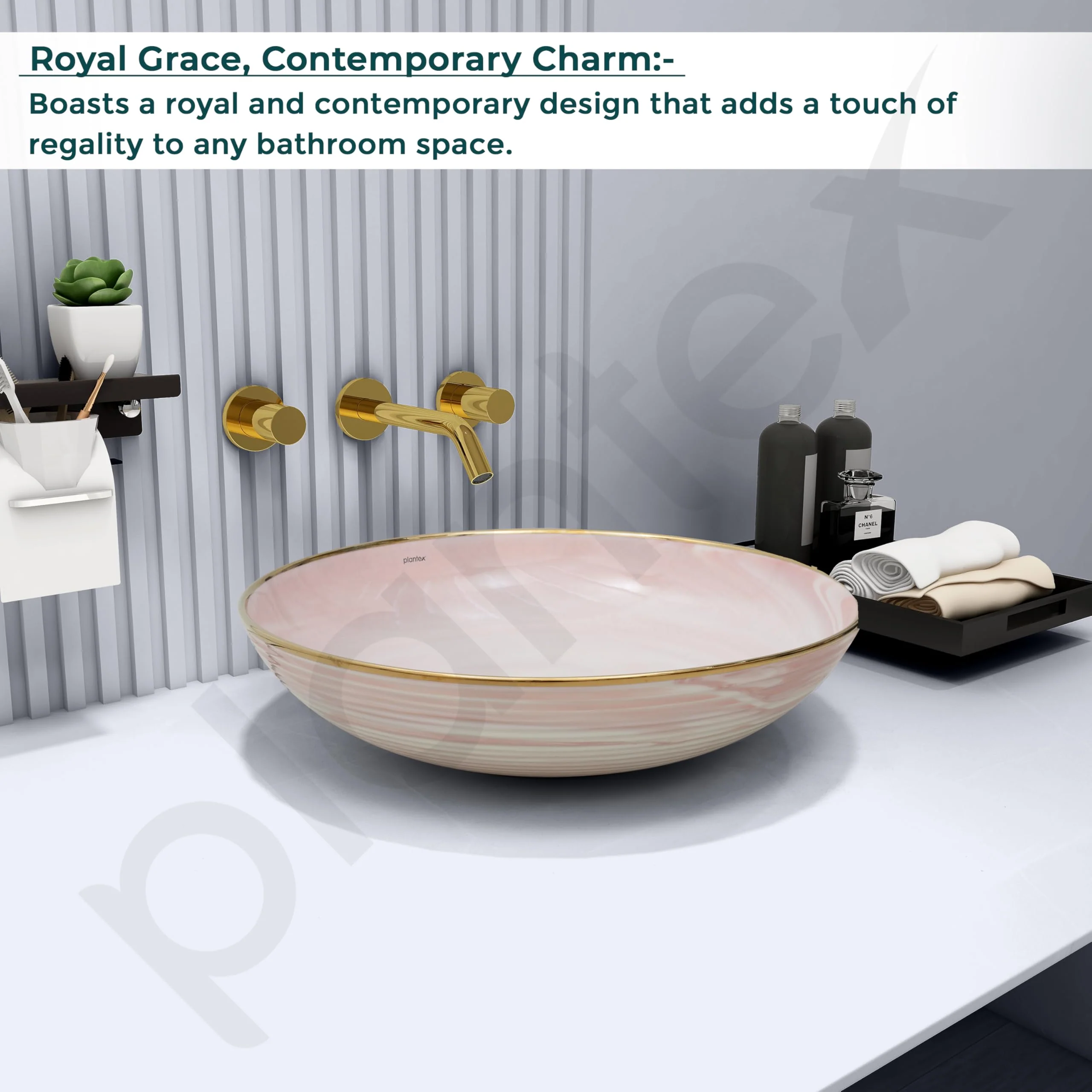 Plantex Wash Basin/Ceramic Table Top Wash Basin/Designer Countertop Basin for Bathroom/Restaurants/Hotel (Pink & Gold - 16.5 x 16.5 x 4 Inch) - Image 2