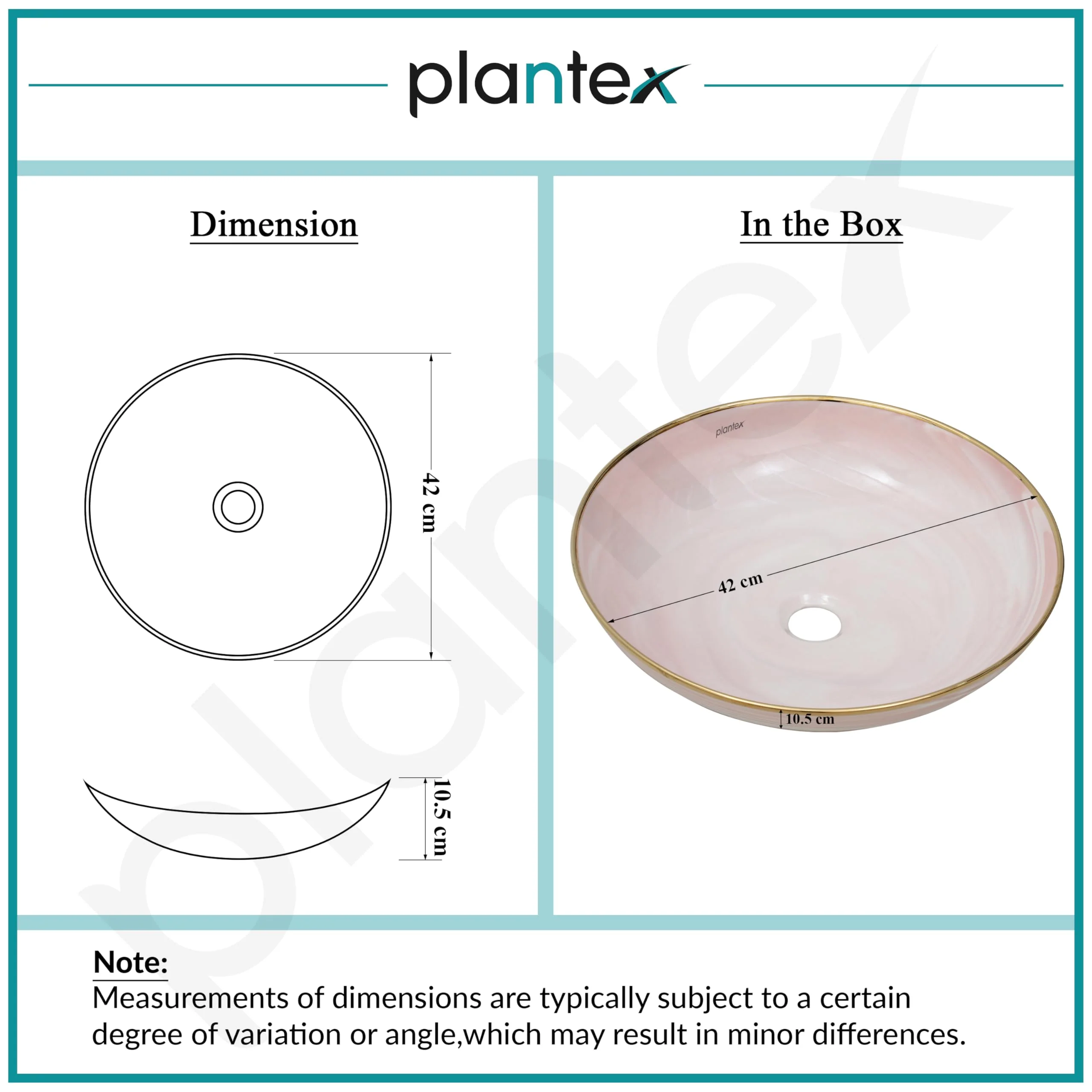 Plantex Wash Basin/Ceramic Table Top Wash Basin/Designer Countertop Basin for Bathroom/Restaurants/Hotel (Pink & Gold - 16.5 x 16.5 x 4 Inch) - Image 3