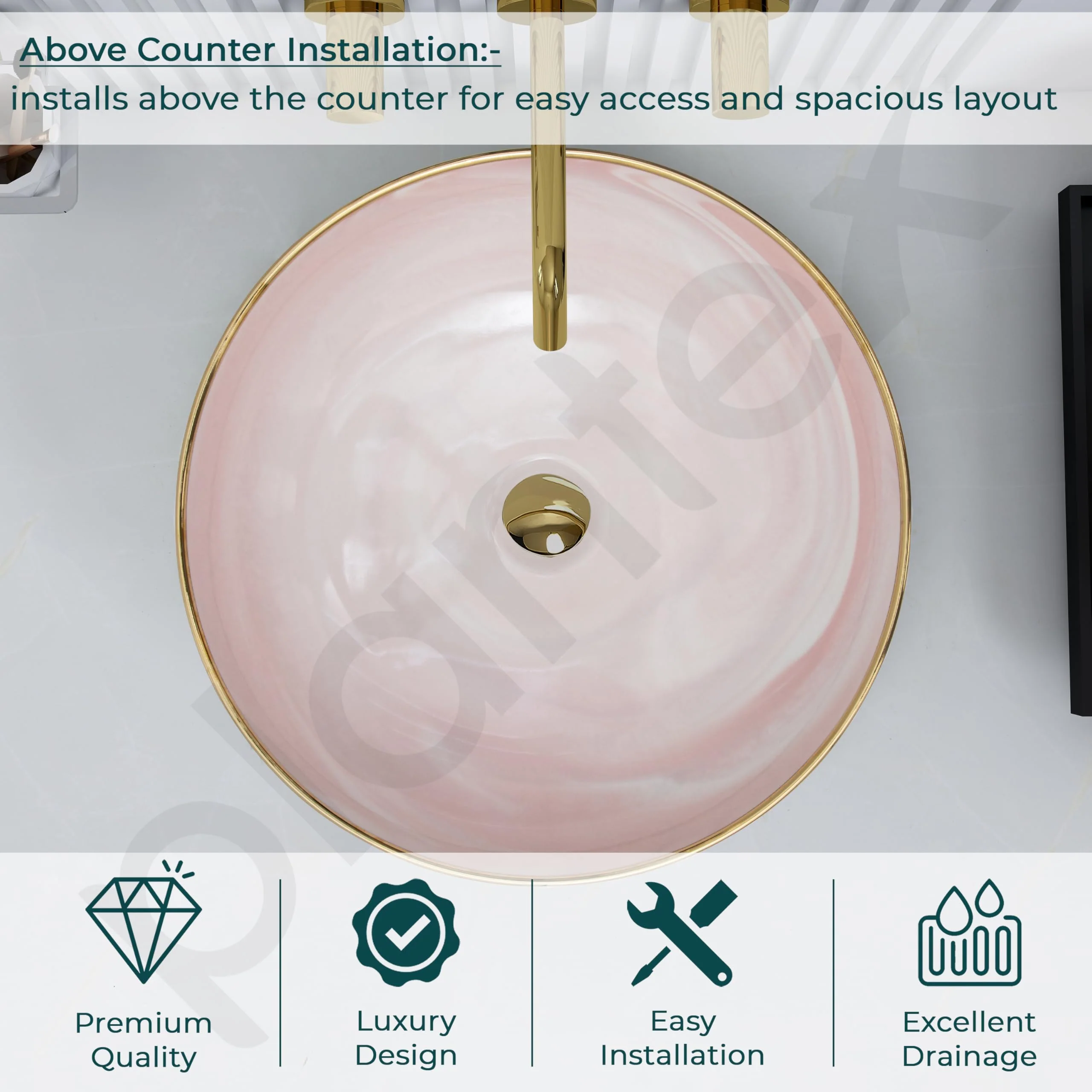 Plantex Wash Basin/Ceramic Table Top Wash Basin/Designer Countertop Basin for Bathroom/Restaurants/Hotel (Pink & Gold - 16.5 x 16.5 x 4 Inch) - Image 5
