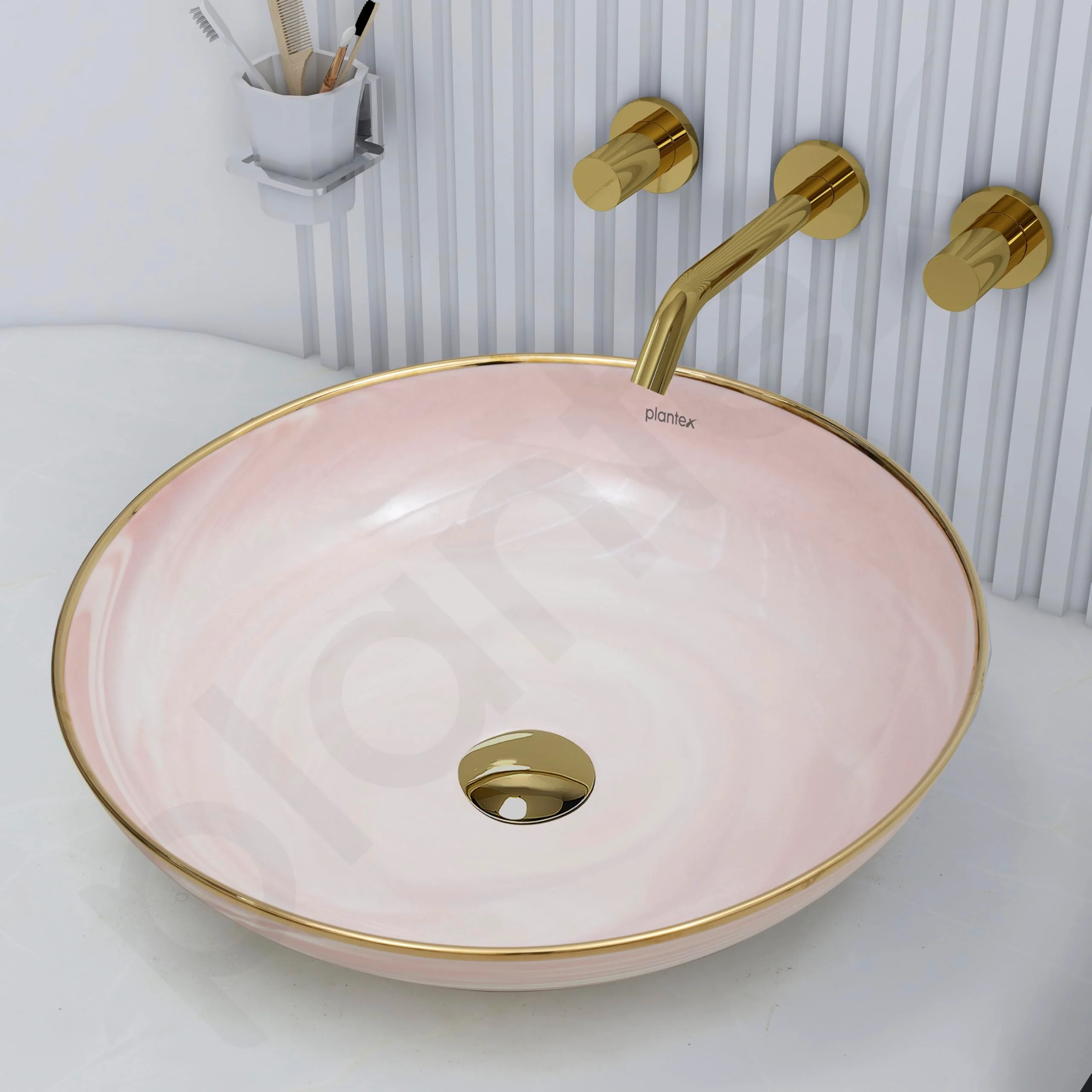 Plantex Wash Basin/Ceramic Table Top Wash Basin/Designer Countertop Basin for Bathroom/Restaurants/Hotel (Pink & Gold - 16.5 x 16.5 x 4 Inch) - Image 6