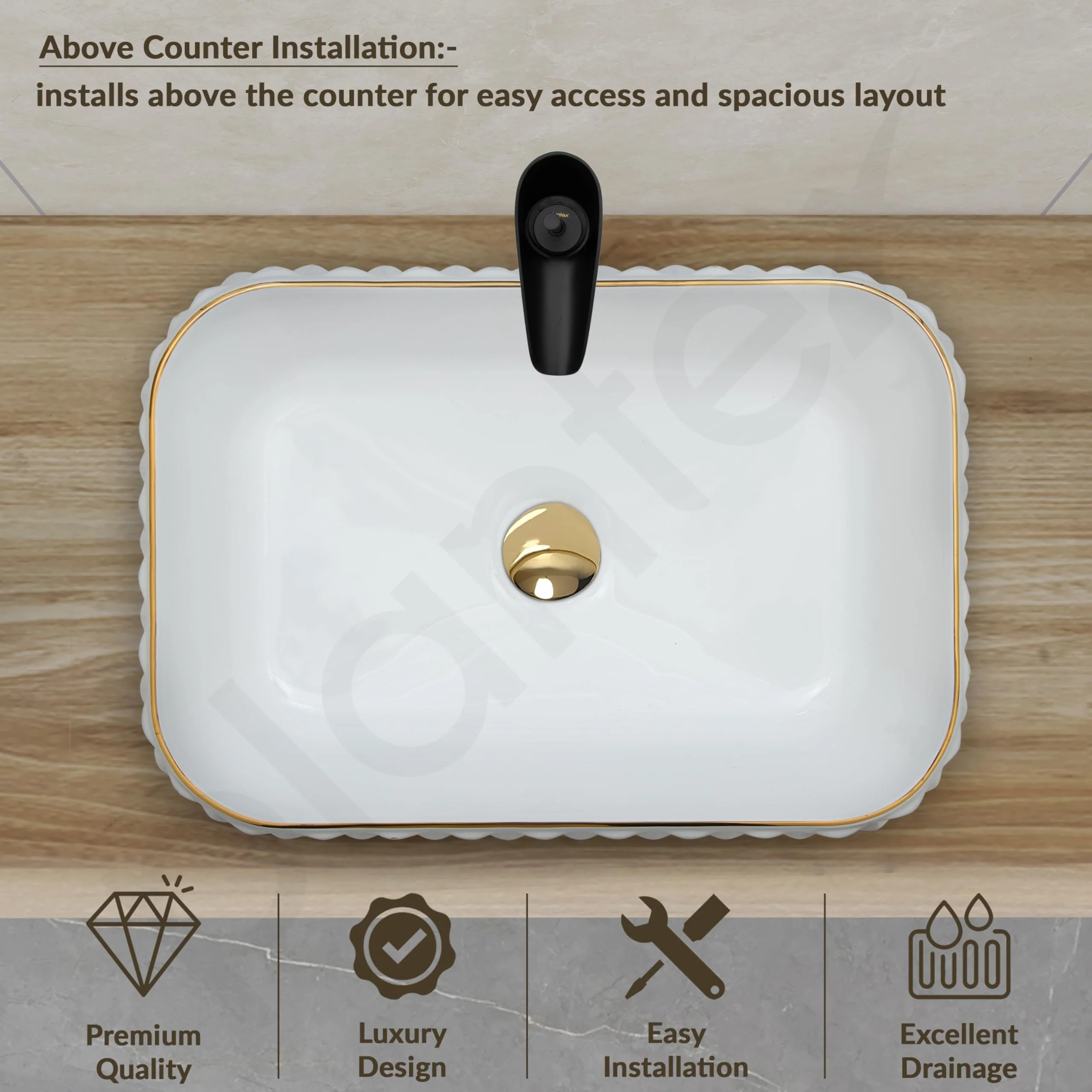 Plantex Wash Basin/Ceramic Table Top Wash Basin/Designer Countertop Basin for Bathroom/Restaurants/Hotel – Rectangular (294, White & Gold, 19 x 13 x 5 Inch) - Image 4
