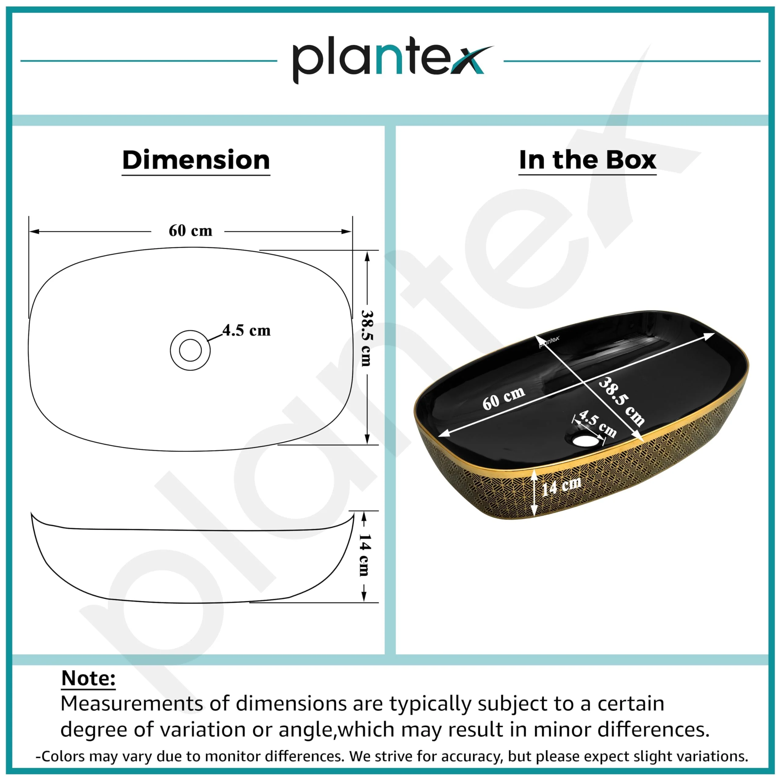 Plantex Wash Basin for Bathroom/Ceramic Counter Top Basin/Washbasin for Home/Office/Hotel - (Black & Gold - 23.5 x 15 x 5.5 Inch) - Image 3