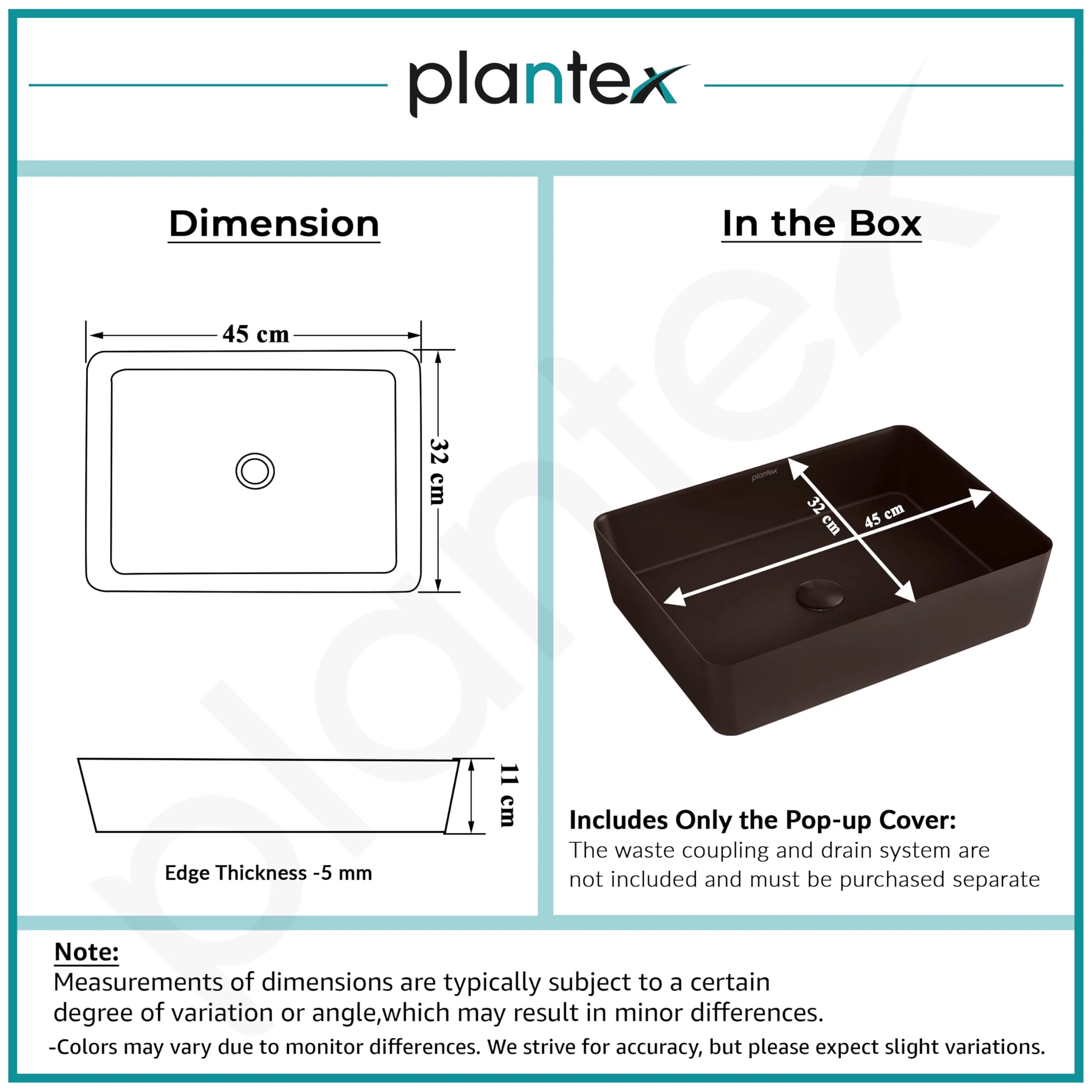 Plantex Wash Basin for Bathroom/Melamine Table Top Washbasin/Countertop Basin (Brown, 18 x 13 x 4.5 Inch) - Image 3