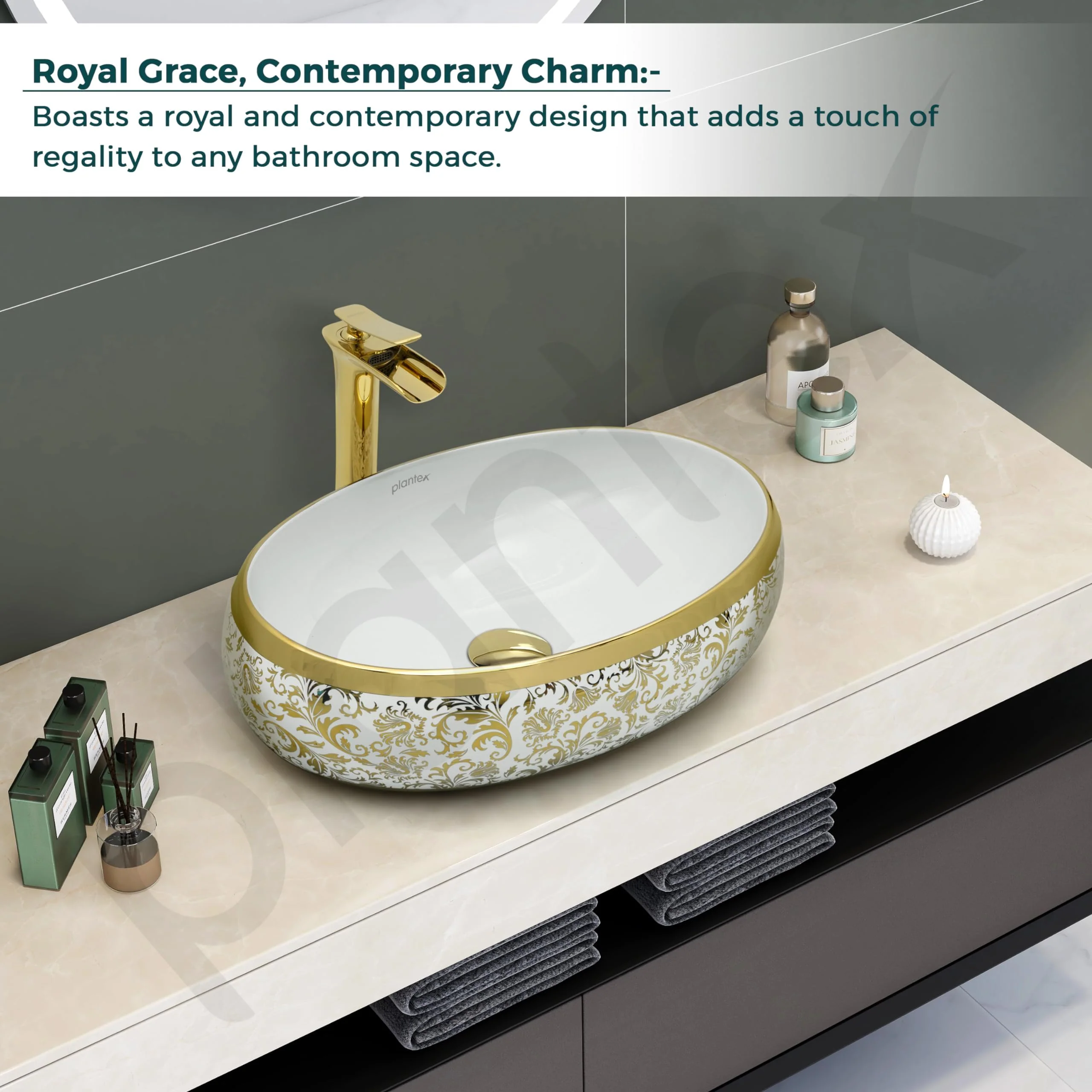 Plantex Wash Basin For Bathroom/Tabletop Designer Ceramic Basin/Countertop Vessel Sink Basin - Indo-European Collection - Pack of 1 (24 x 16 x 7 Inch) - Image 2