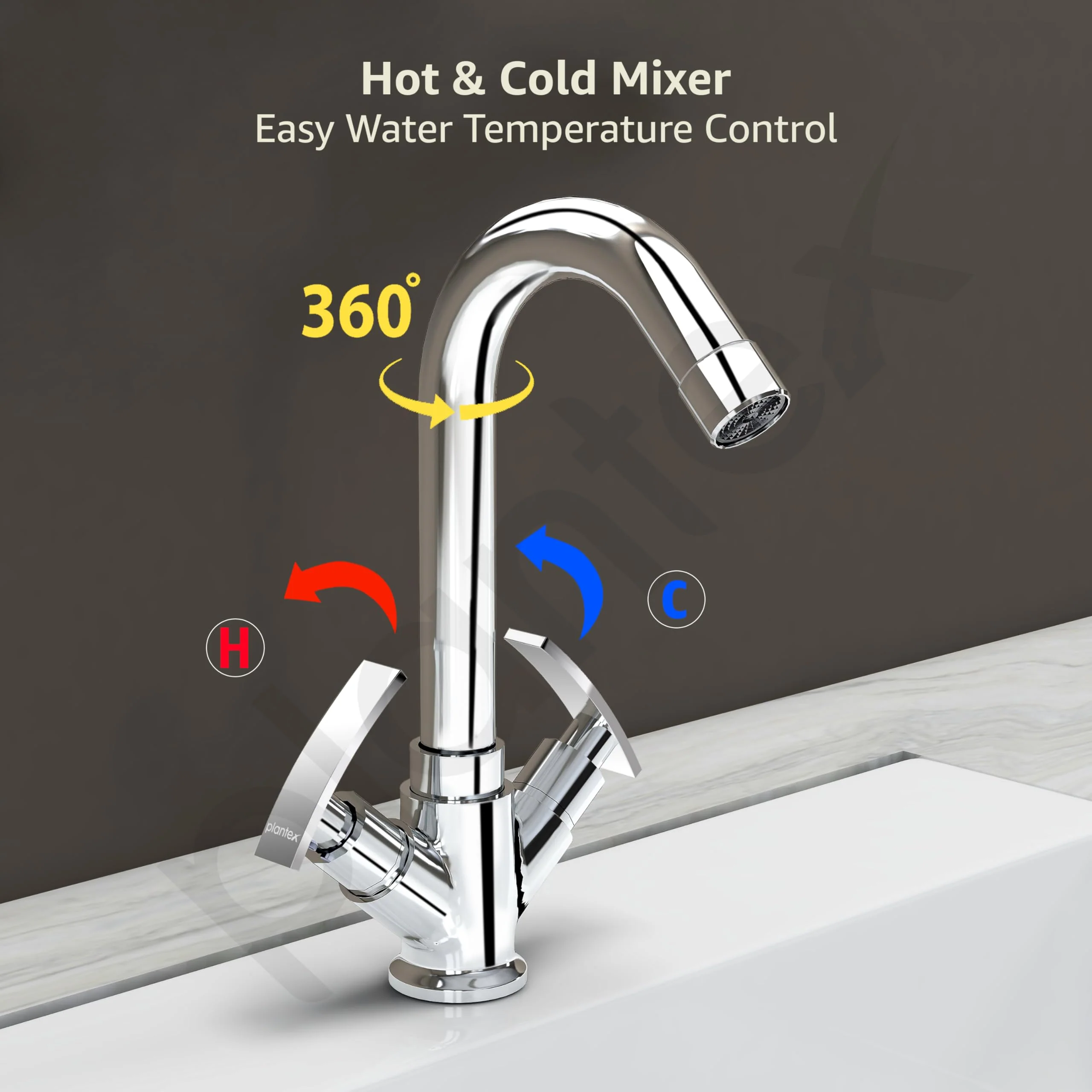 Plantex Wash Basin Tap with High Arch 360° Swivel Spout/Basin Mixer Tap with Water-Saving Aerator with Teflon Tape-(SMR-1260-Chrome) - Image 3